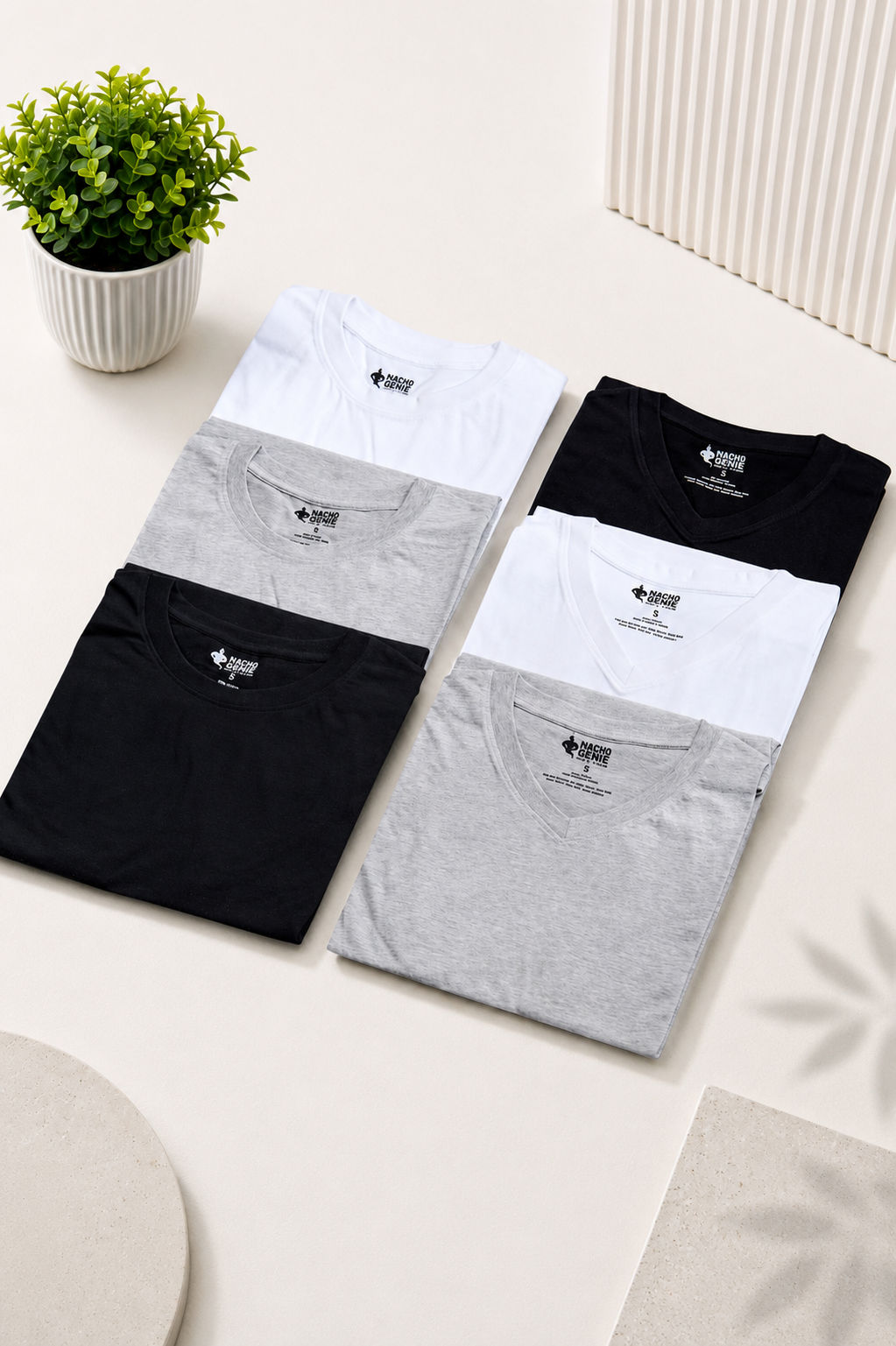 Men's Essentials - AeroCot Base+ V-Neck & Round Neck Undershirt Combo - 6 -Pack - Black, White and Gray