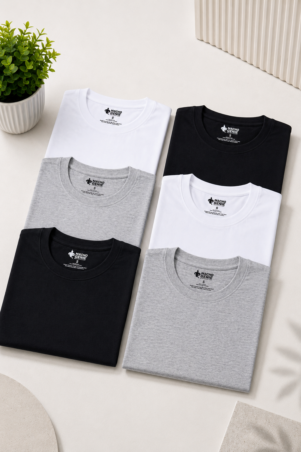 Six Aerocot Base+ short-sleeve undershirts in white, black, and gray arranged in two columns.