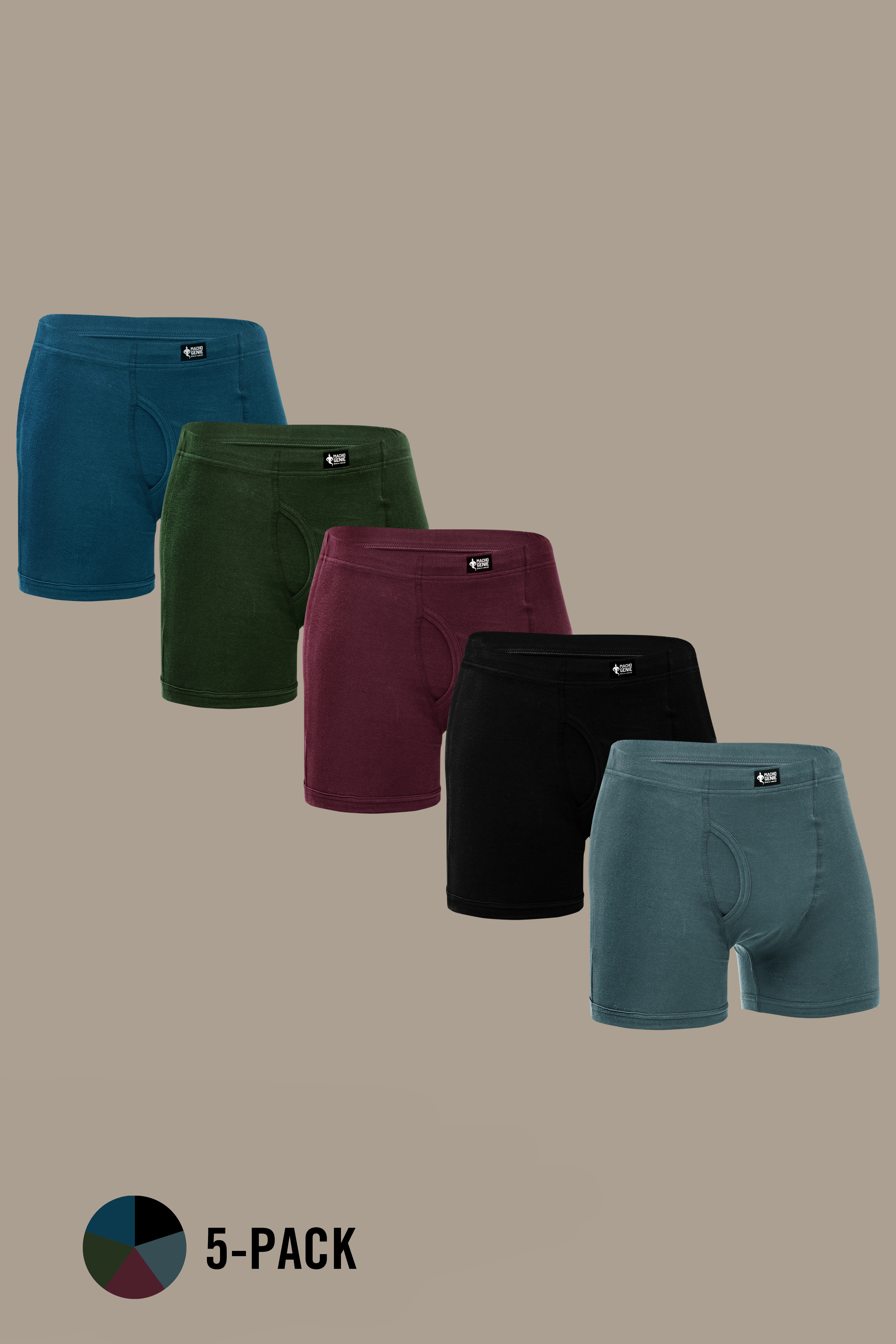 Macho Genie 100% cotton boxer trunks 5-pack featuring Wine, Green, Black, Blue and Grey colors, with a slim fit, concealed waistband, functional fly, no-tag design, soft breathable fabric and 3-inch inseam for comfortable everyday wear, All-Day Bliss