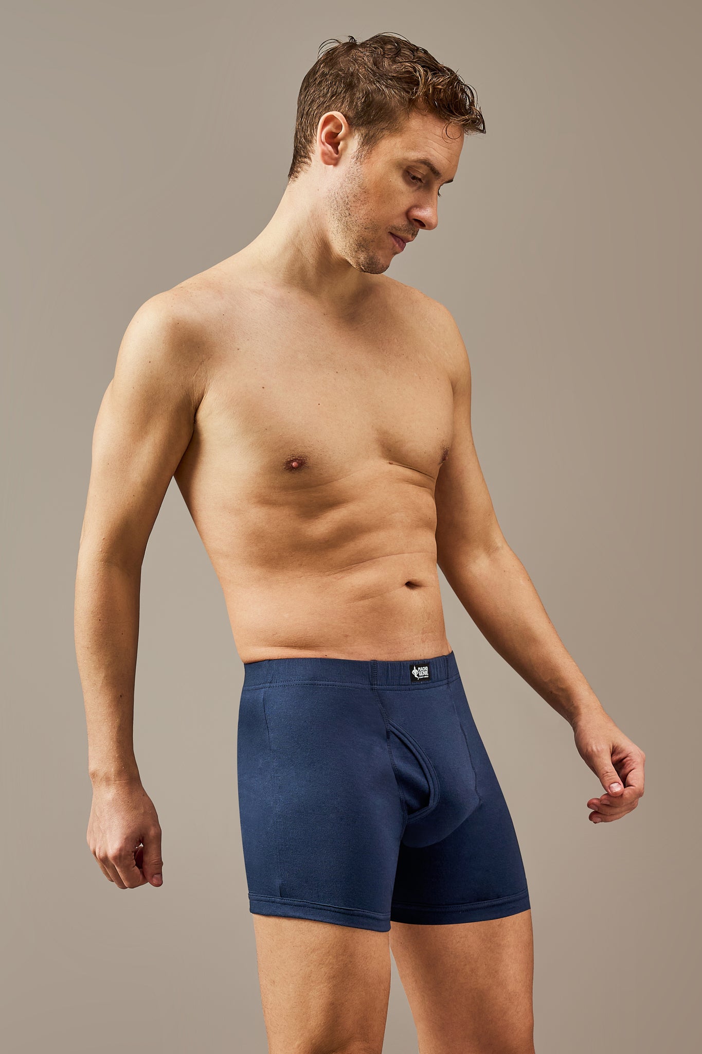 Macho Genie 100% cotton Ocean Blue trunks from the All-Day Bliss collection, featuring a functional fly, slim fit, and soft breathable fabric for practical everyday comfort.