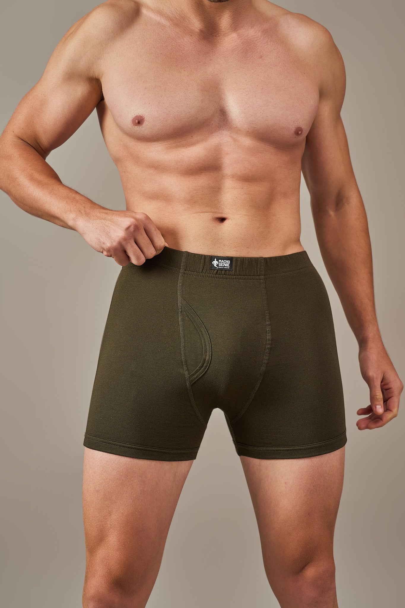 Macho Genie 100% cotton Sage Green boxer trunks from the All-Day Bliss collection, featuring a functional fly and slim fit for practical, breathable, and comfortable daily wear.