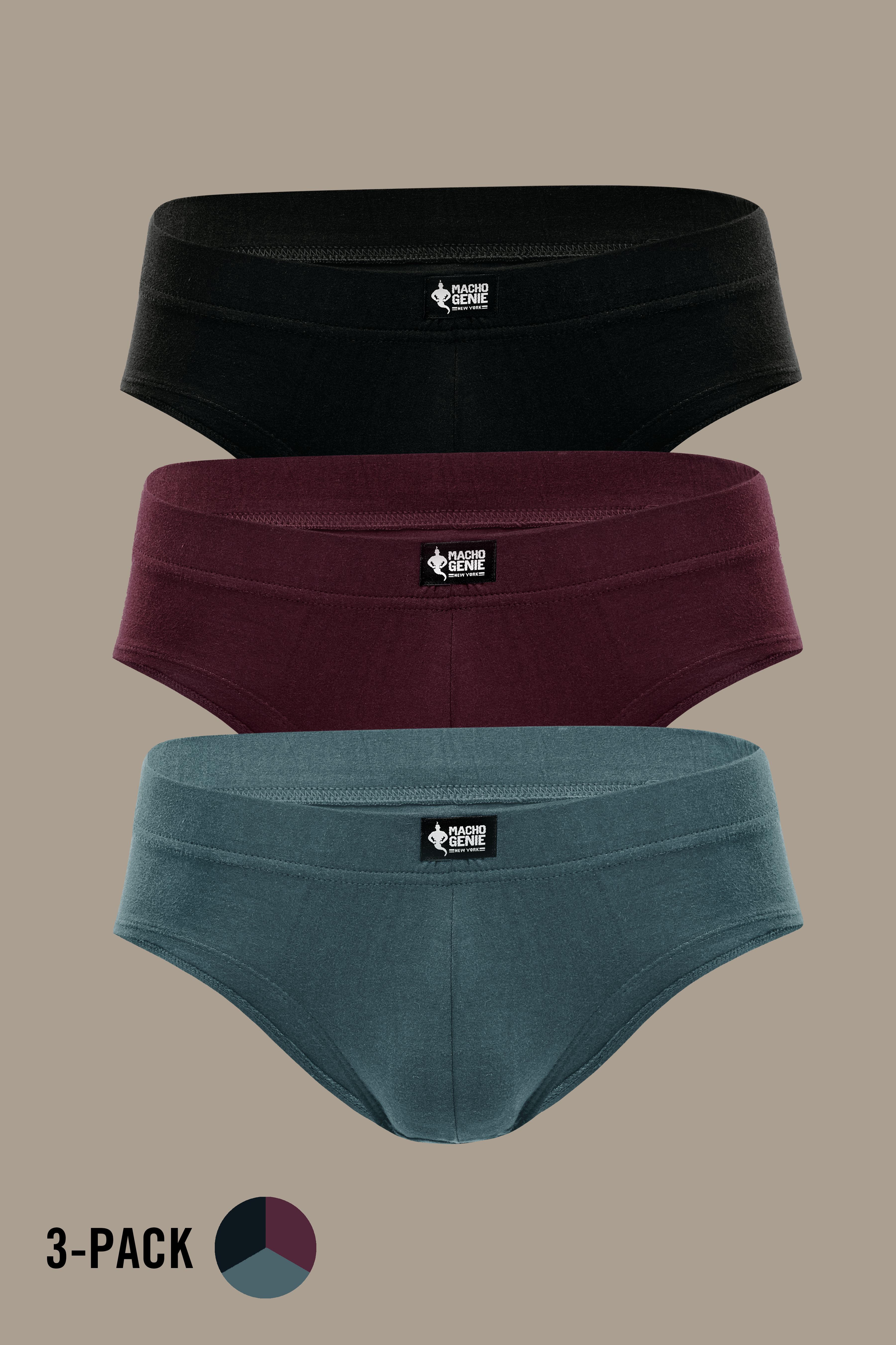 Macho Genie 100% cotton Y-shaped briefs 3-pack in Black, Wine and Gray, featuring breathable soft cotton, full coverage and a flexible waistband for comfortable everyday wear.