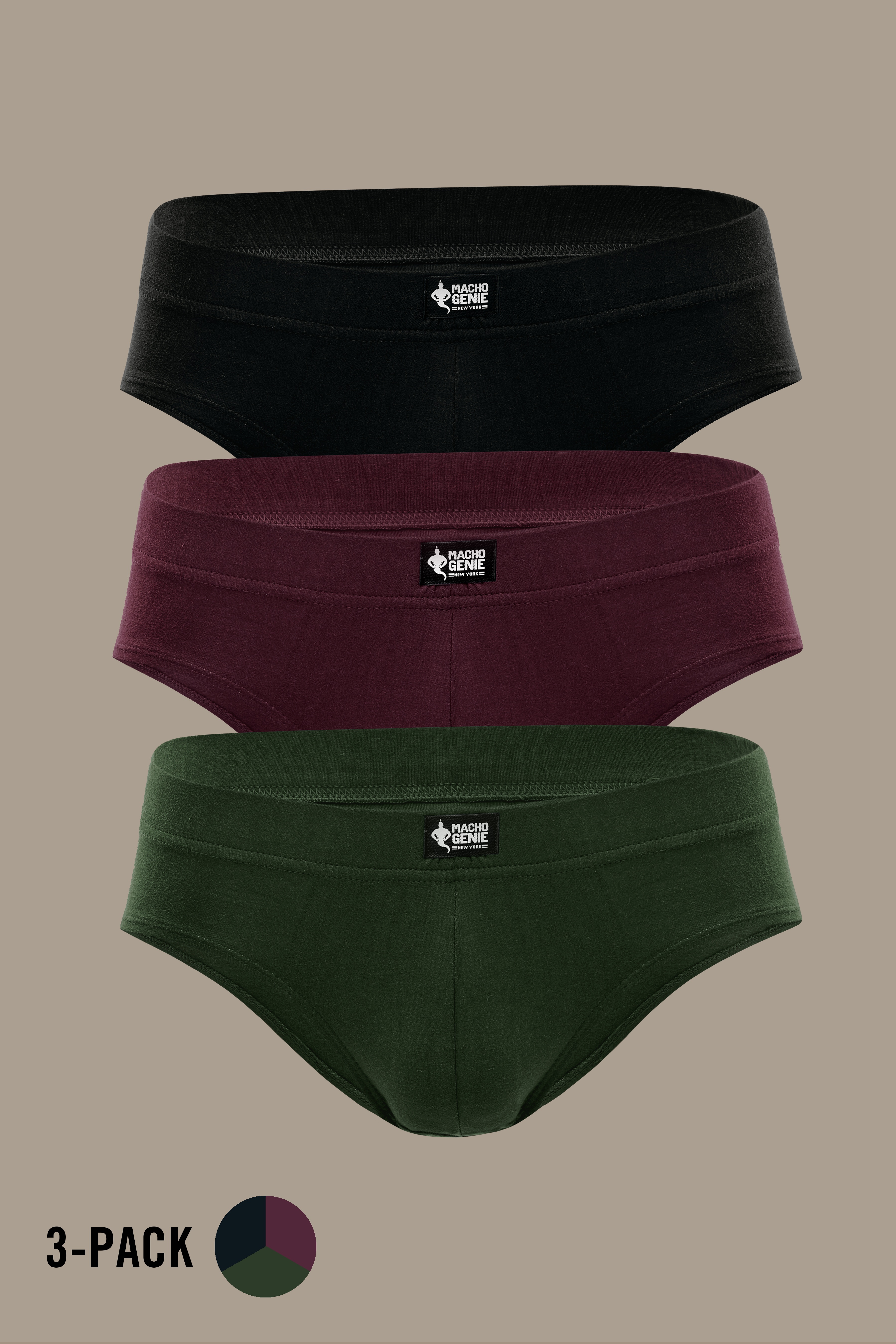 Macho Genie 100% cotton Y-shaped briefs 3-pack in Green, Maroon and Black, featuring soft breathable fabric, full coverage cuts and flexible waistbands for secure, comfortable everyday wear, All-Day Bliss