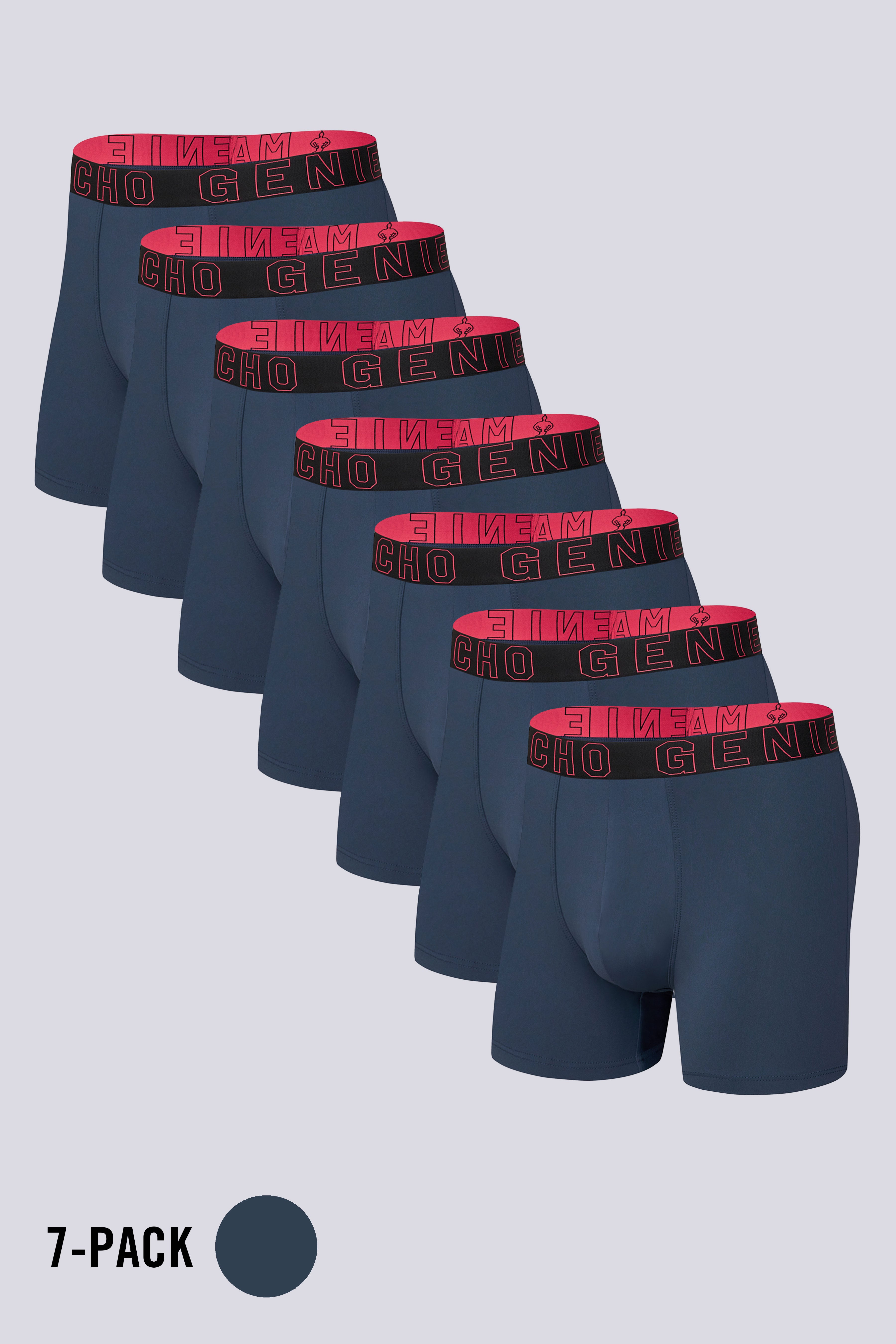Macho Genie Men’s Blue Evercore Performance Compression Trunks 7-Pack featuring a streamlined athletic fit and flexible stretch construction