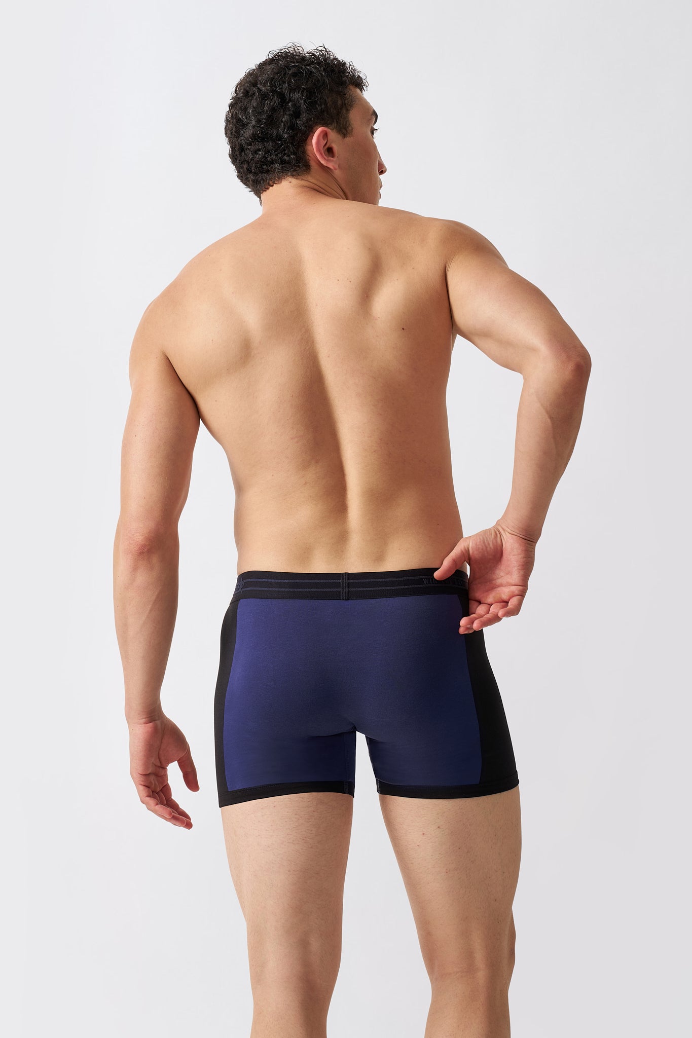 Back view of Macho Genie men's navy cotton boxer briefs with a comfortable stretch waistband