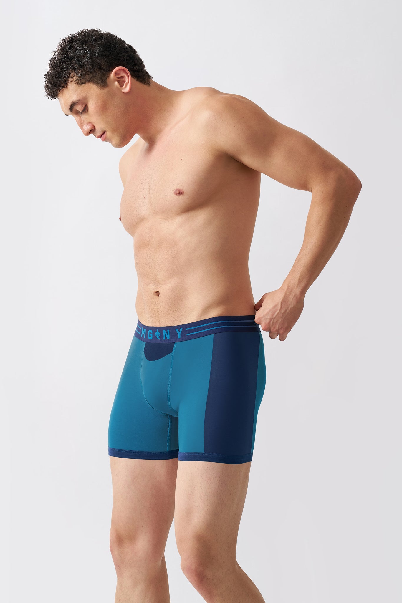 Macho Genie men's dual-tone blue and navy cotton boxer briefs with a flexible fit