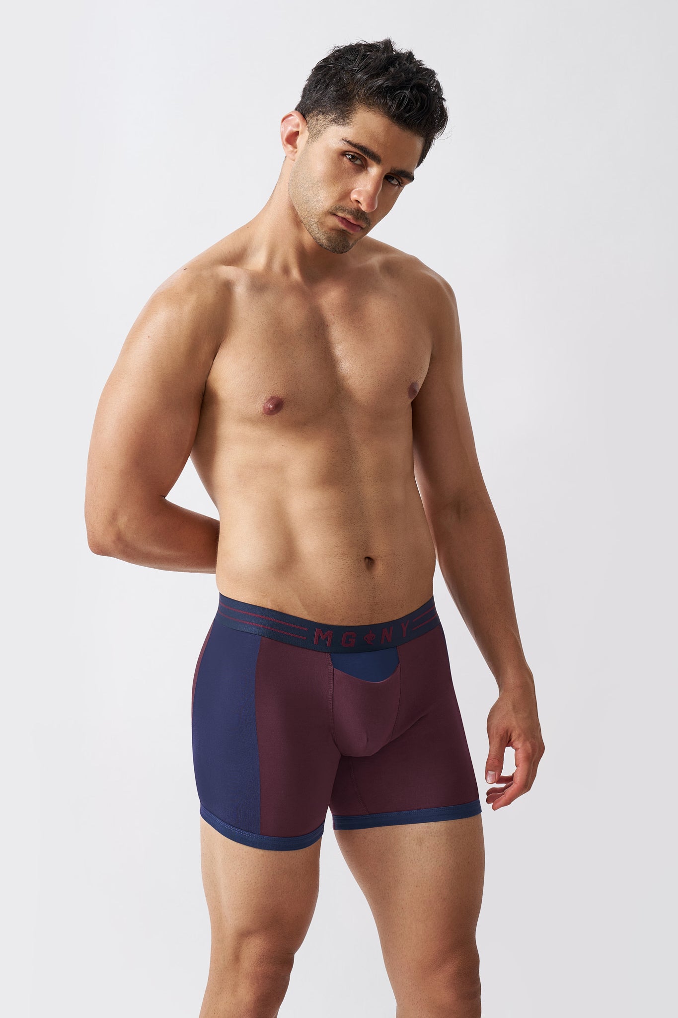 Macho Genie men's maroon and navy dual-tone cotton boxer briefs with a contoured pouch