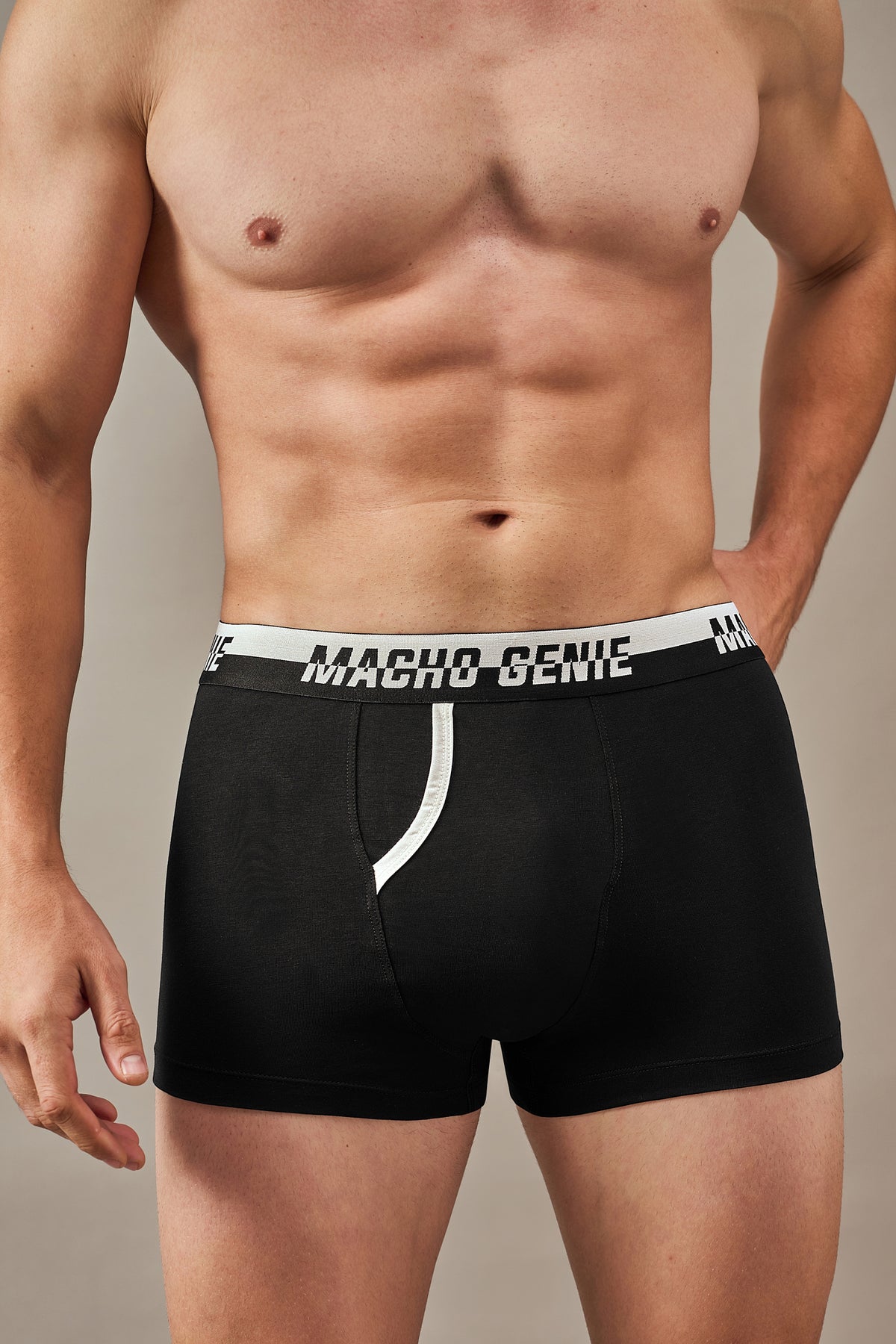 Macho Genie ink black boxer trunks made from pure Supima cotton with a functional fly, smooth waistband and breathable comfort