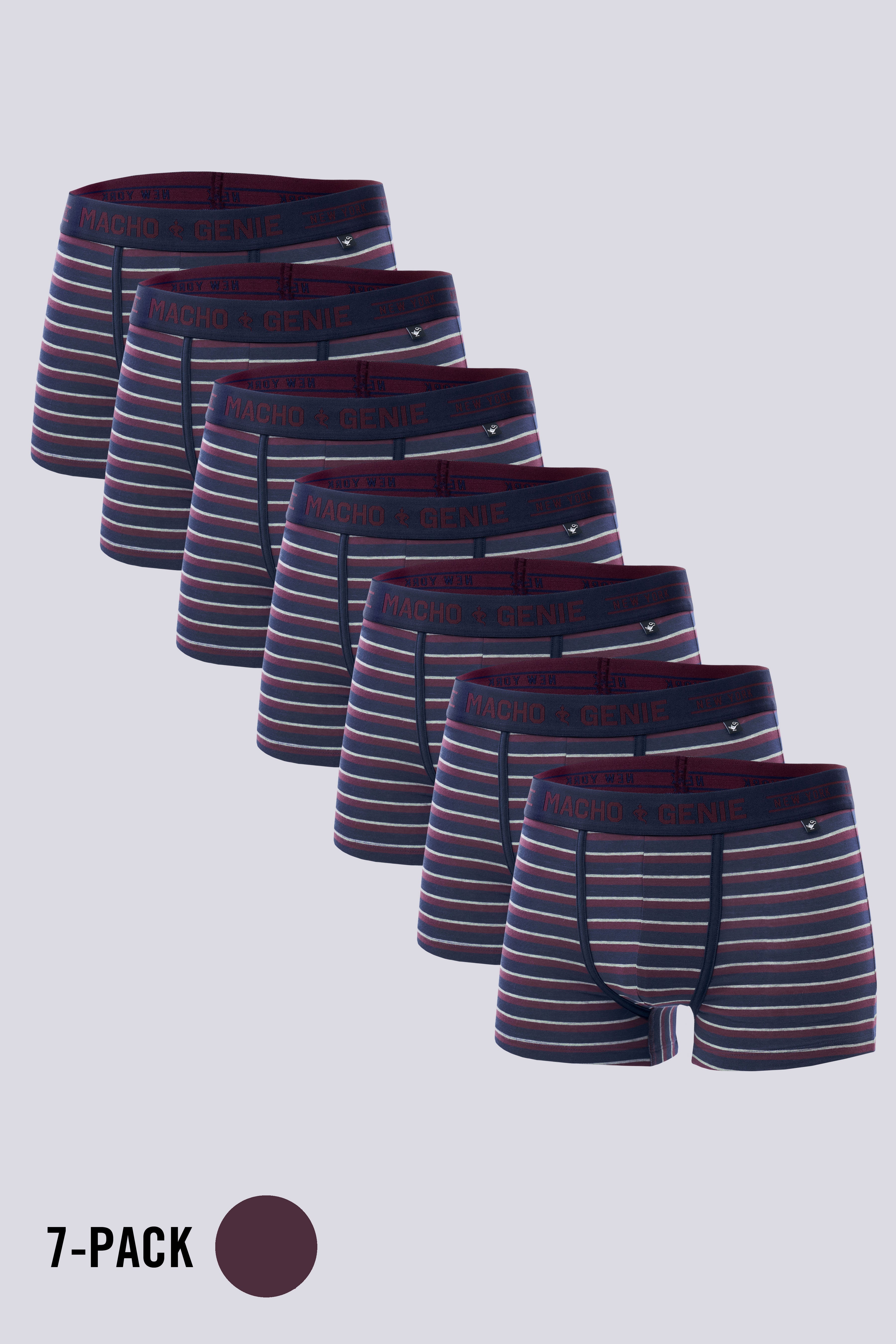 Macho Genie pack of 7 Men's red and navy striped premium cotton trunks with breathable fabric and an engineered pouch