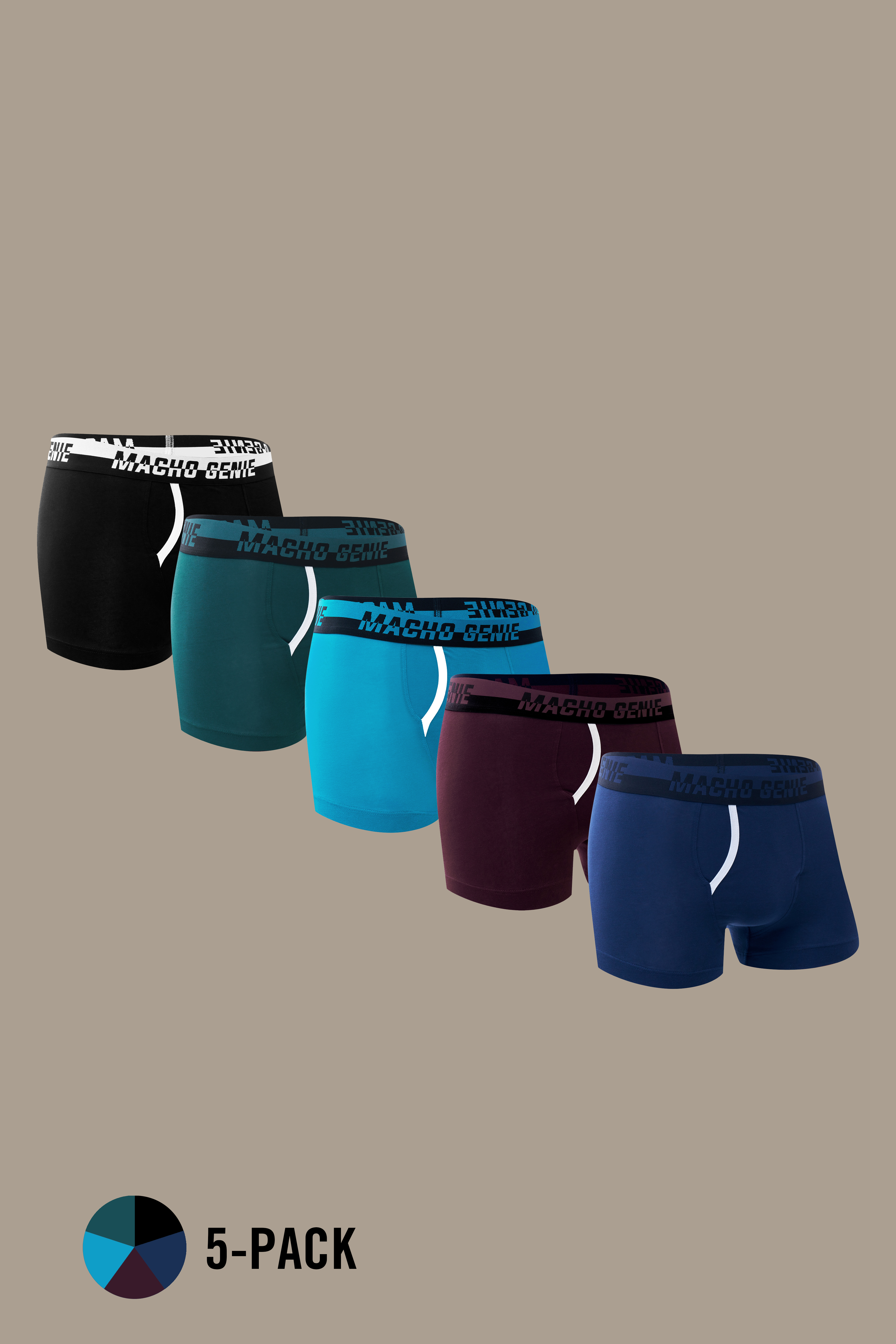 Macho Genie men's 5-pack Supima cotton trunks in black, teal green, lagoon blue, wine and navy blue, featuring 100% cotton fabric, functional fly and 3-inch inseam