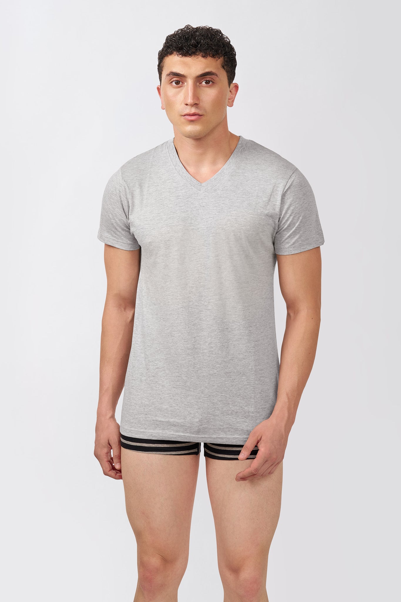 Macho Genie AeroCot Base+ men's grey V-Neck undershirt featuring an engineered balanced V-Neck designed for comfortable layering under shirts and jackets