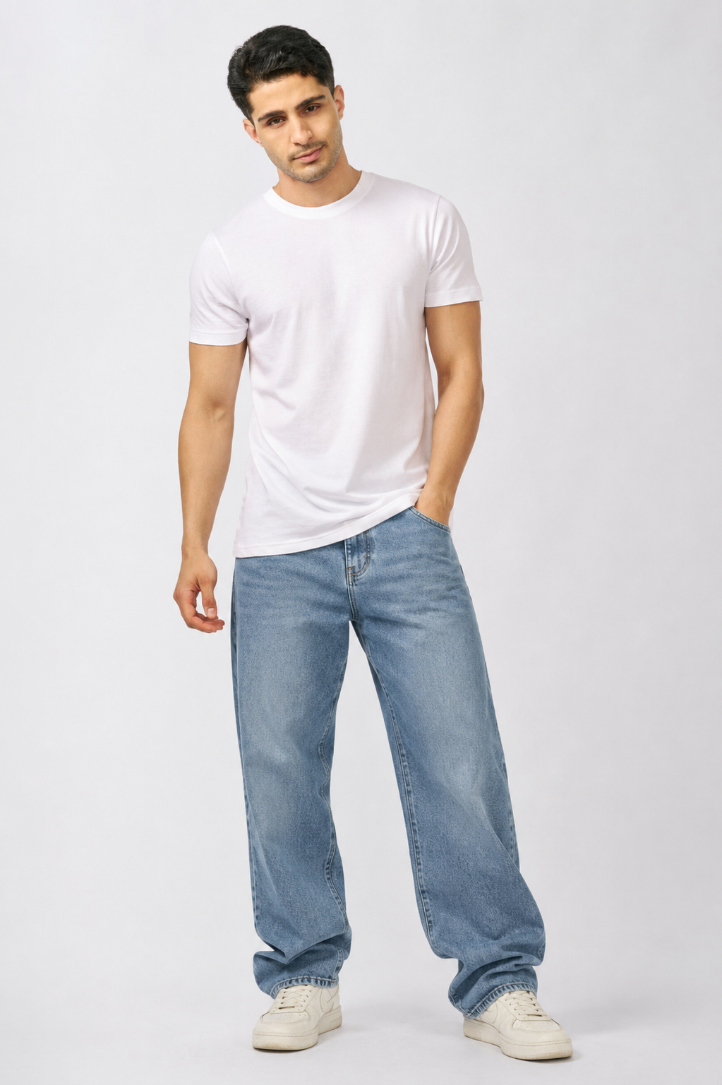 Macho Genie AeroCot Base+ 145 GSM men's white Round-Neck undershirt styled with lounge pants for relaxed styling with jeans and everyday comfort