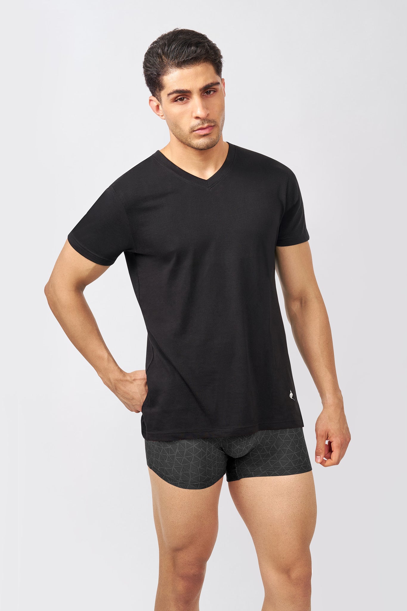 Macho Genie AeroCot Base+ men's black V-Neck undershirt in Onyx Black, 100% cotton short-sleeve everyday undershirt