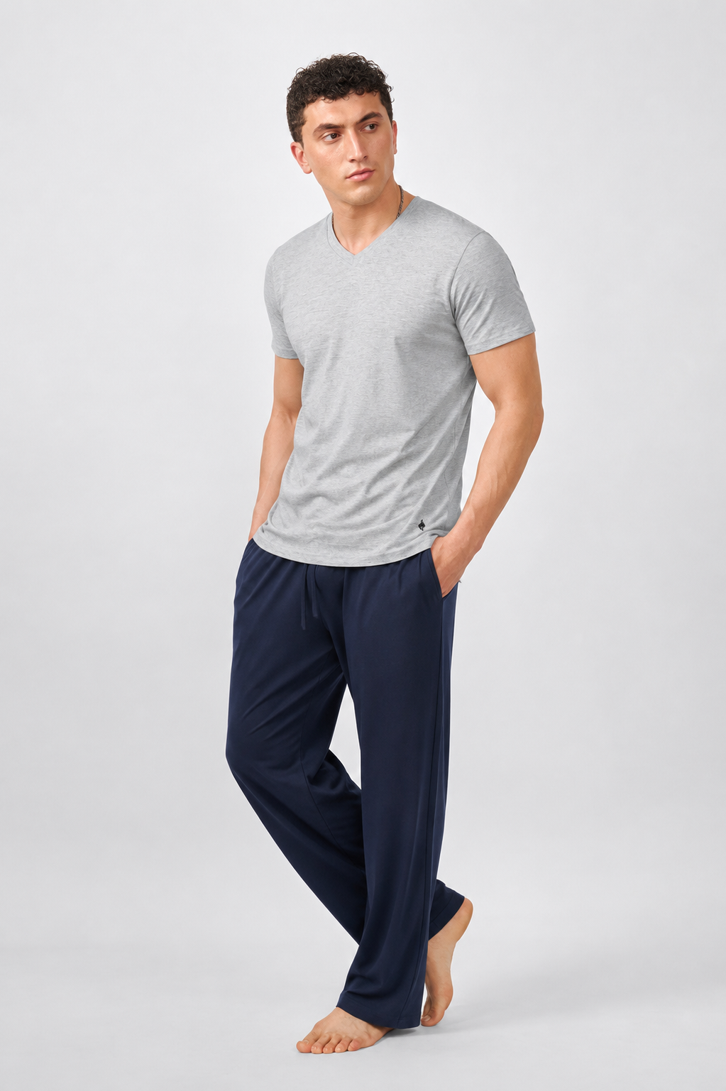 Macho Genie AeroCot Base+ men's grey V-Neck cotton undershirt styled with relaxed navy lounge pants for casual everyday wear