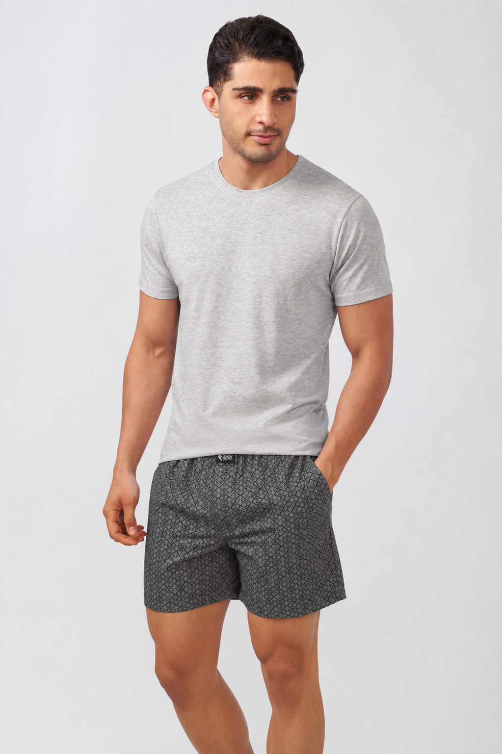 Macho Genie AeroCot Base+ grey round neck men's undershirt styled with boxer brief for an easy casual look