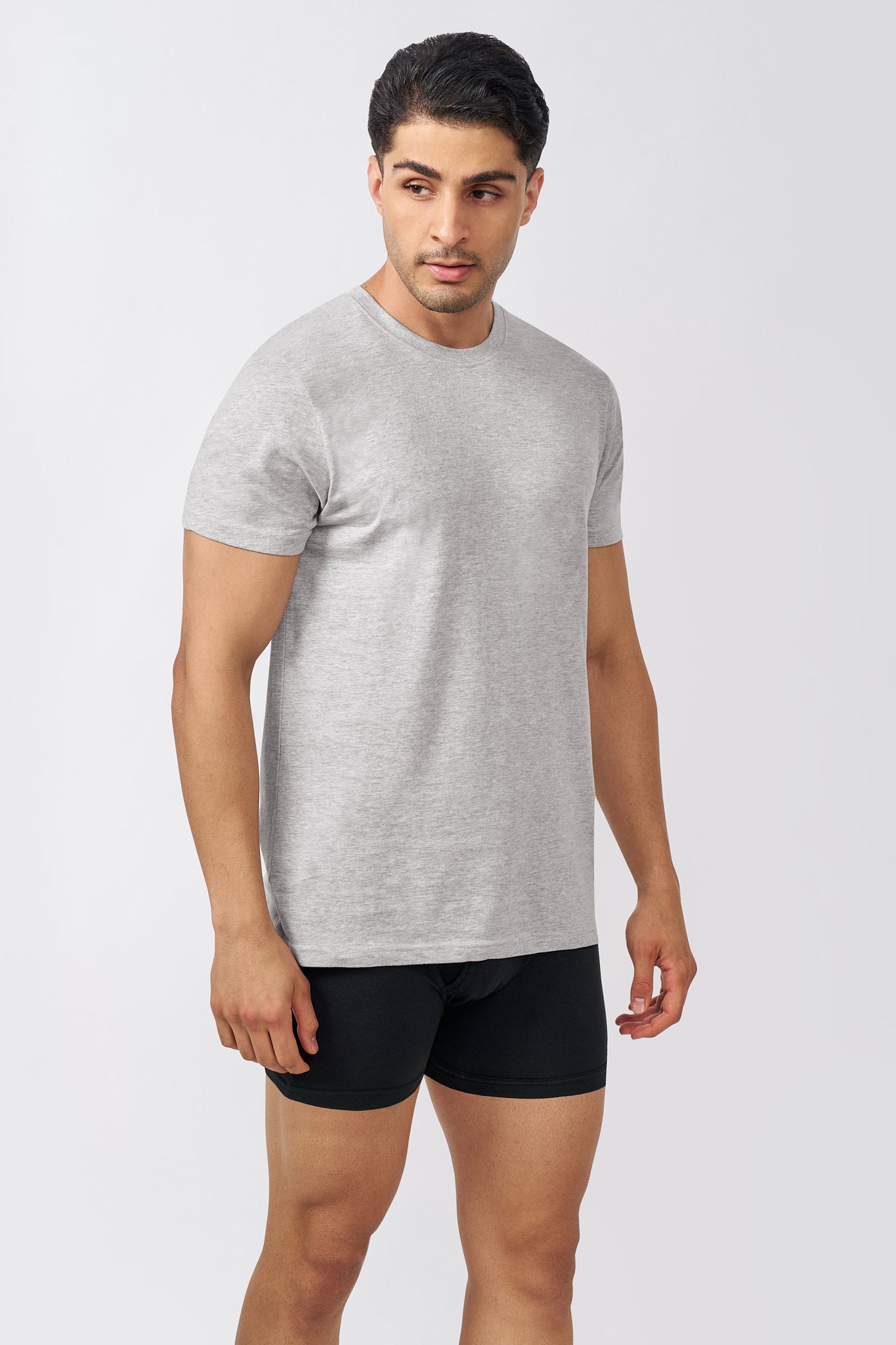 Macho Genie AeroCot Base+ men's grey round neck undershirt showing the clean neckline, short sleeves and comfortable fitted silhouette