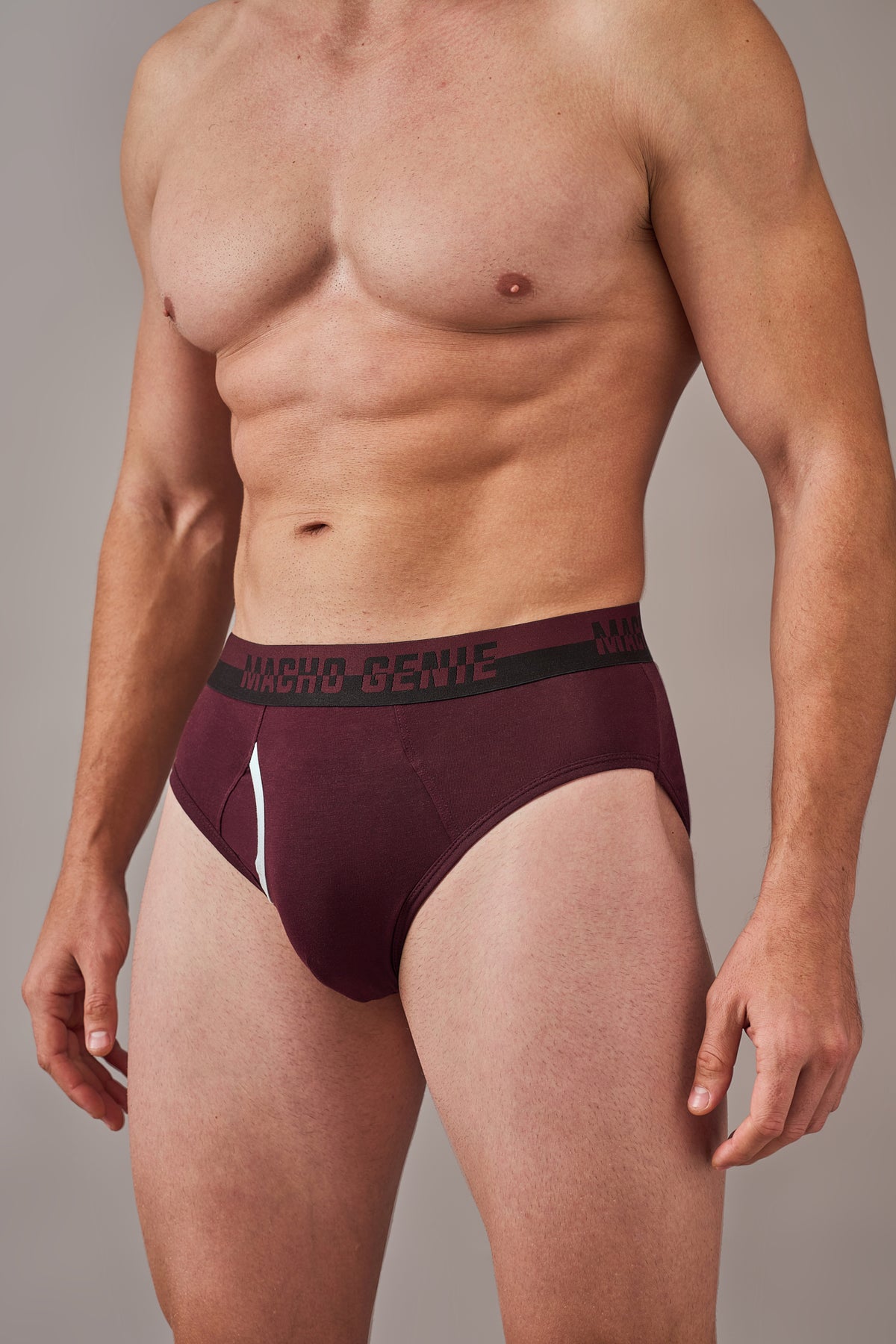 Macho Genie men’s berry wine cotton briefs featuring a functional fly, soft Supima fabric, flexible waistband and durable construction