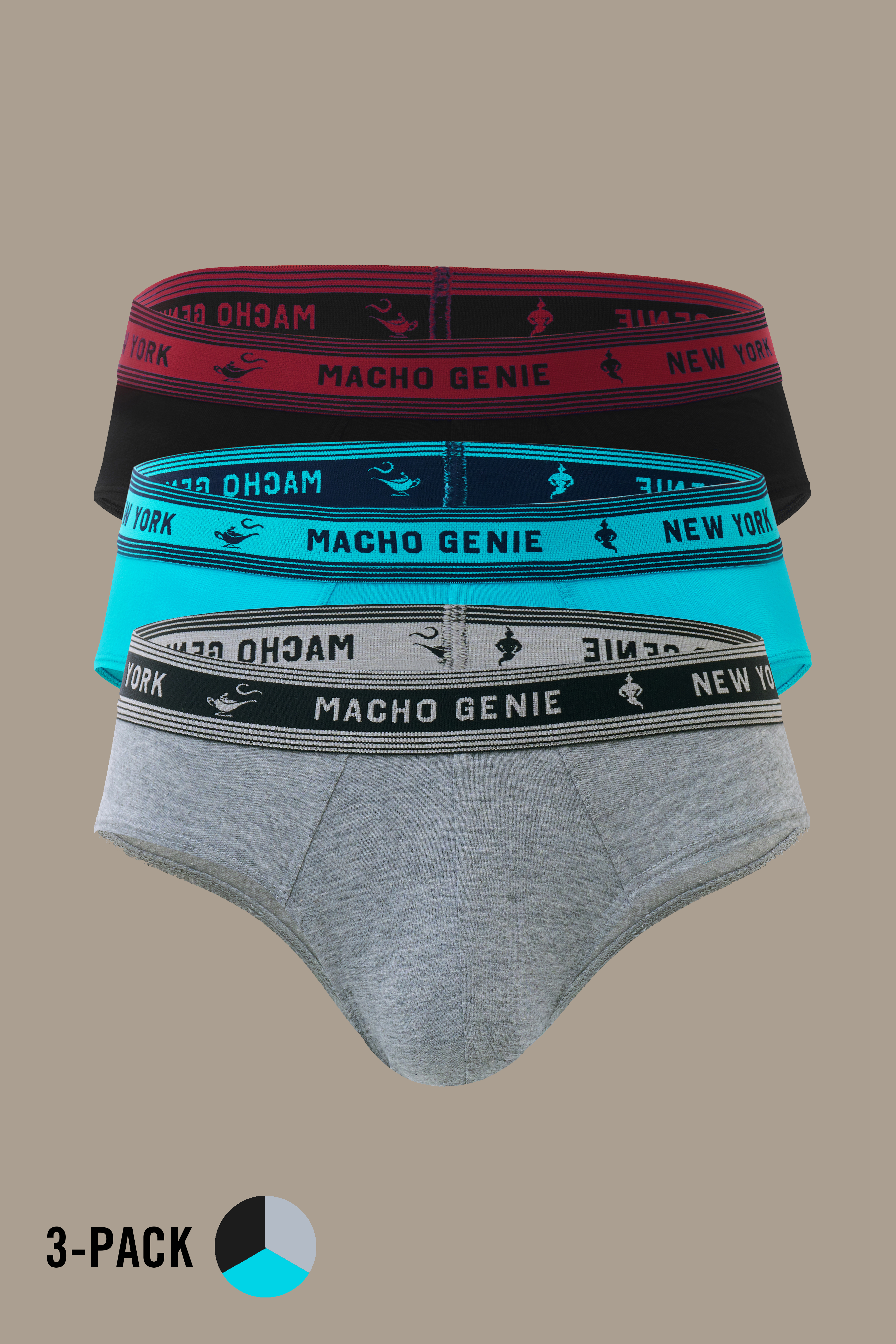 Macho Genie Bold Impressions men's Y-shaped cotton briefs 3-pack in Black, Blue, and Grey, featuring supportive pouch construction and branded stretch waistbands