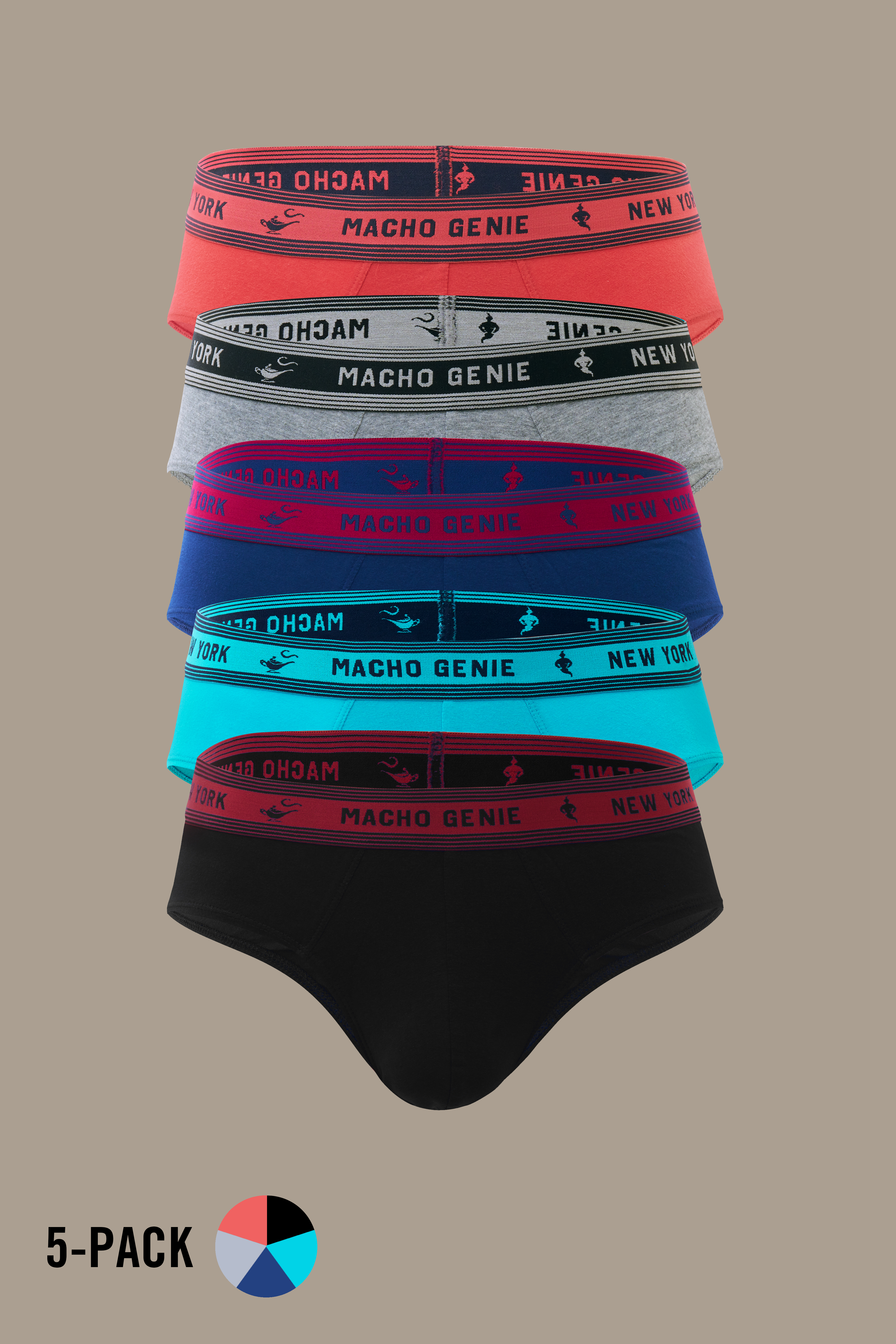 Macho Genie Bold Impressions men's Y-shaped cotton briefs 5-pack in Red, Grey, Navy, Blue, and Black, featuring full-coverage cuts, supportive pouches, and signature stretch waistbands