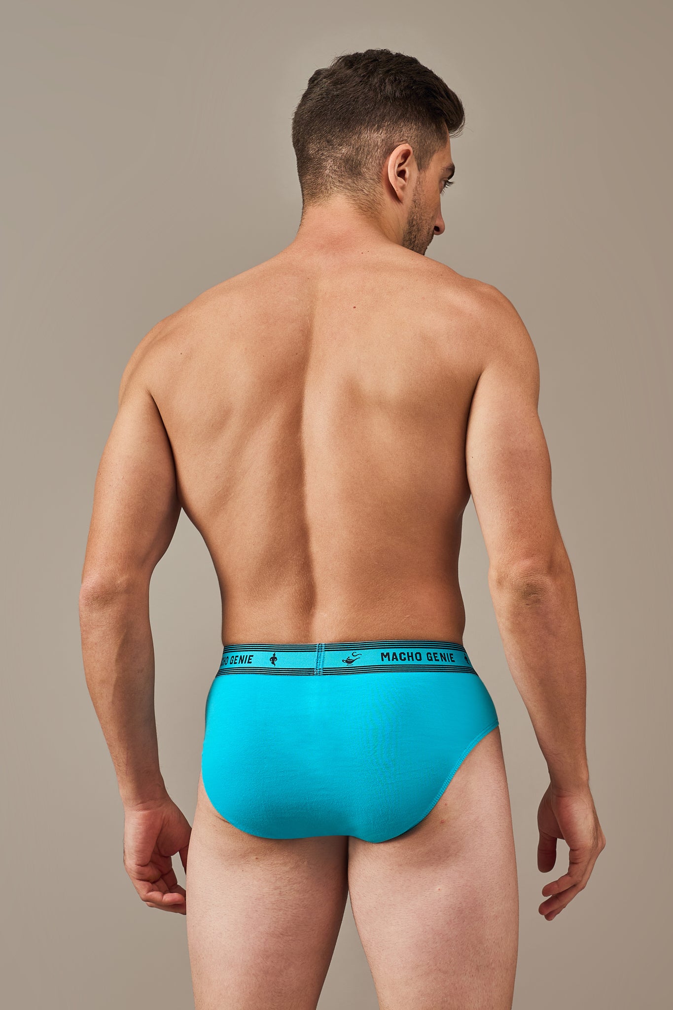 Macho Genie Men's Essentials Bold Impressions cotton underwear photographed from the back to highlight full seat coverage and smooth fabric construction, Harbor Blue