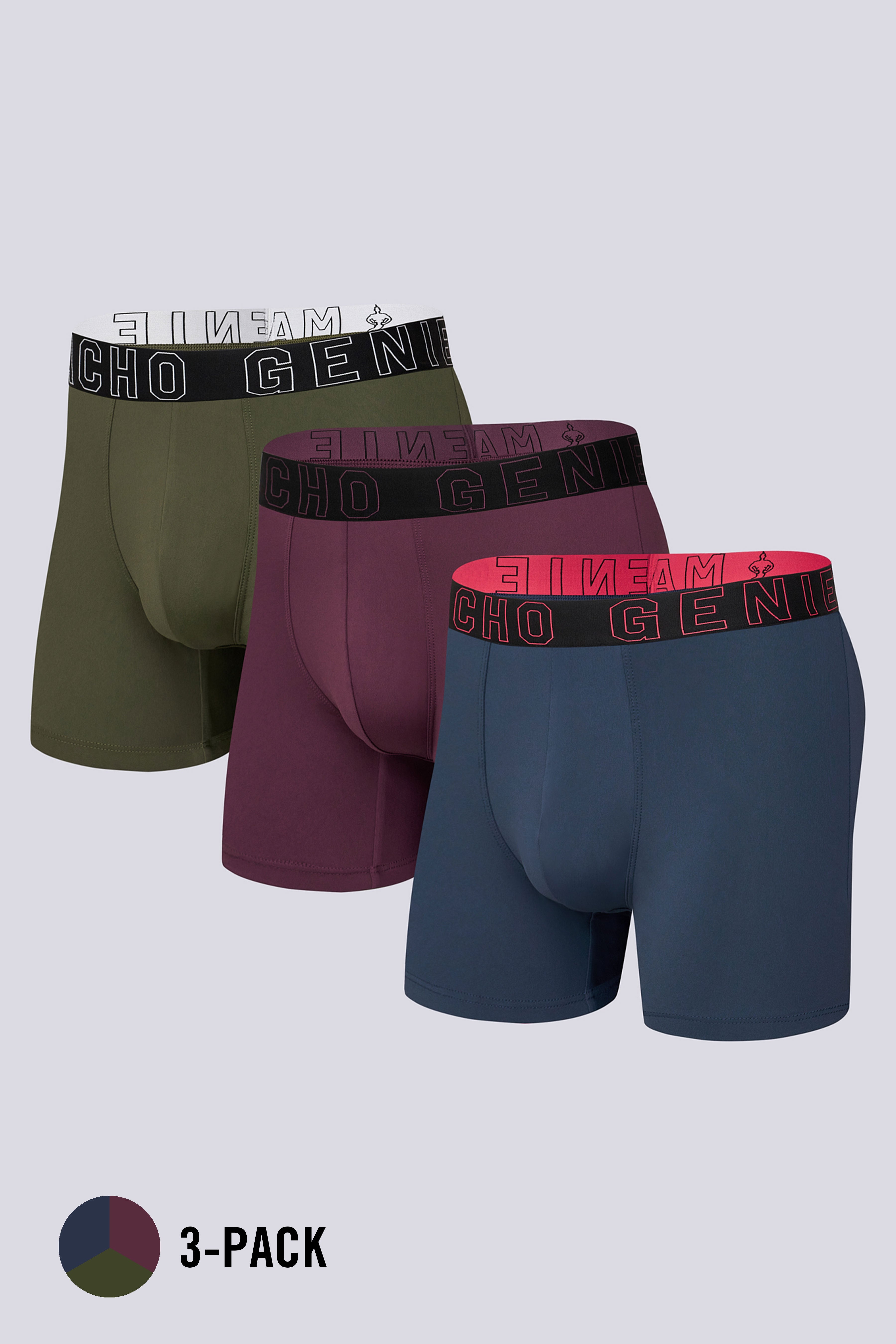 Macho Genie Evercore Performance Compression Trunks 3-Pack in green, burgundy and blue, featuring moisture-wicking performance fabric, stretch construction and a flexible waistband