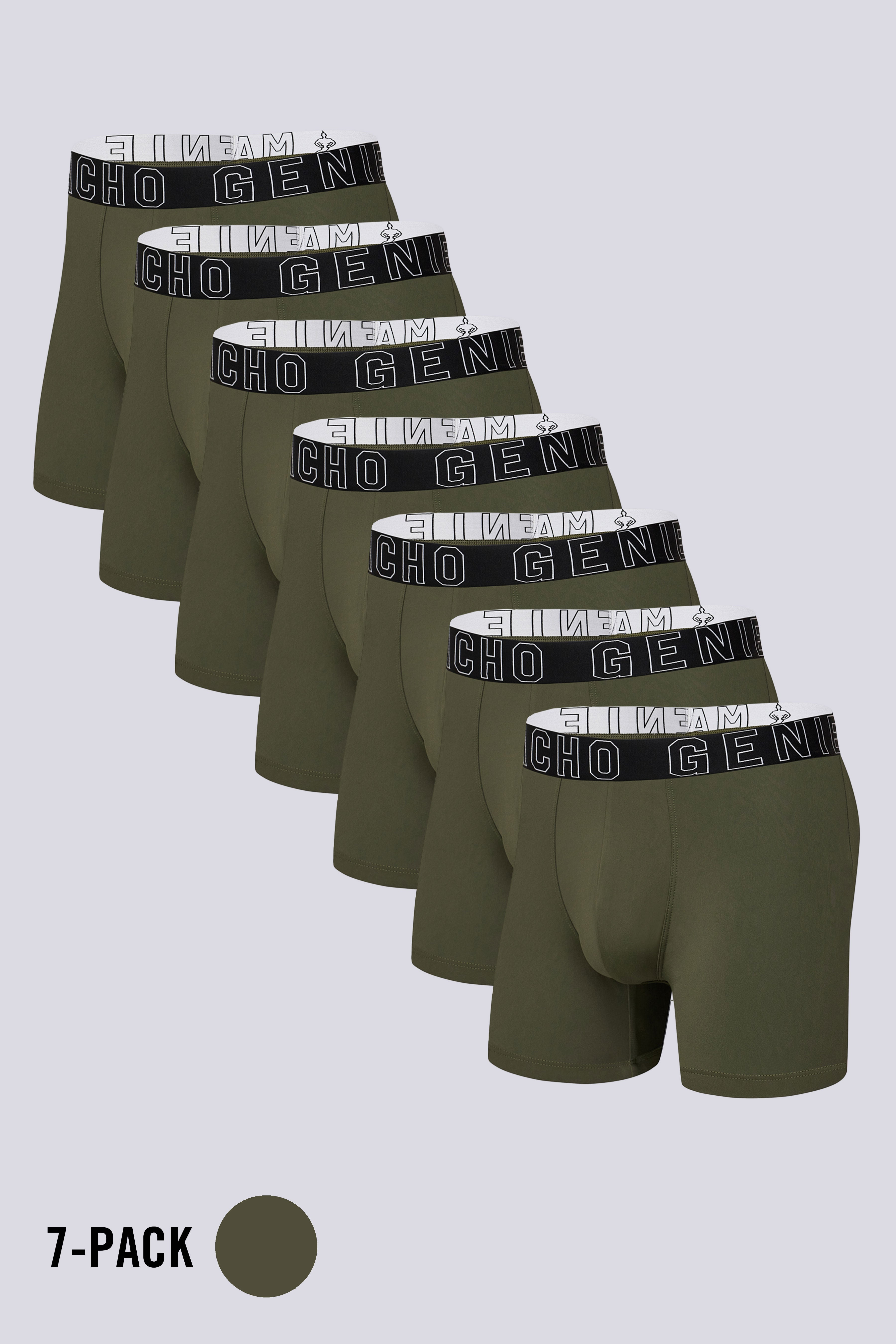 Macho Genie Men’s Evercore Performance Compression Trunks 7-Pack in green color, featuring streamlined athletic fit and flexible stretch construction.