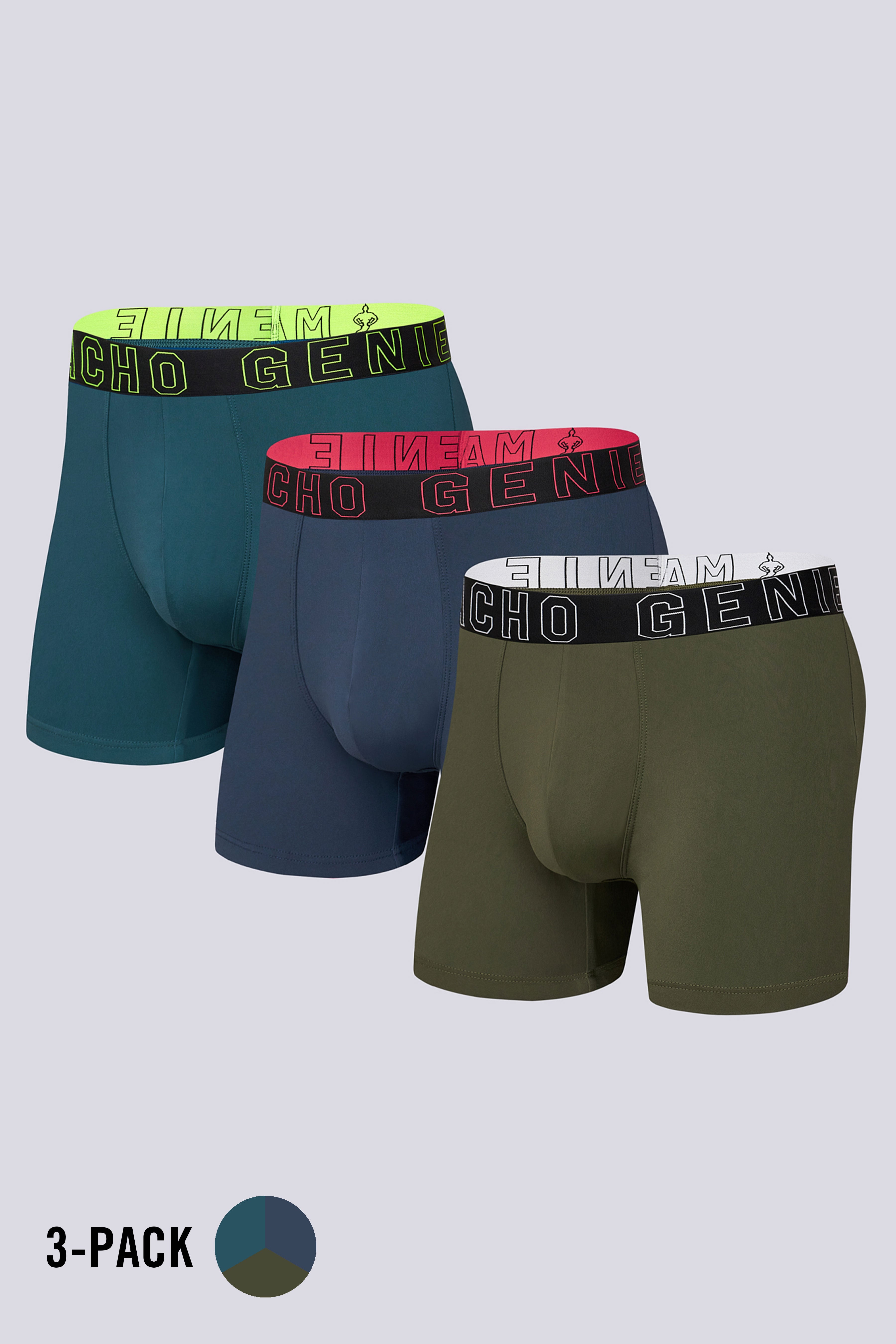 Macho Genie Evercore Performance Compression Trunks 3-Pack in green, blue and indigo, featuring a close-fitting athletic design, stretch fabric and flexible waistband