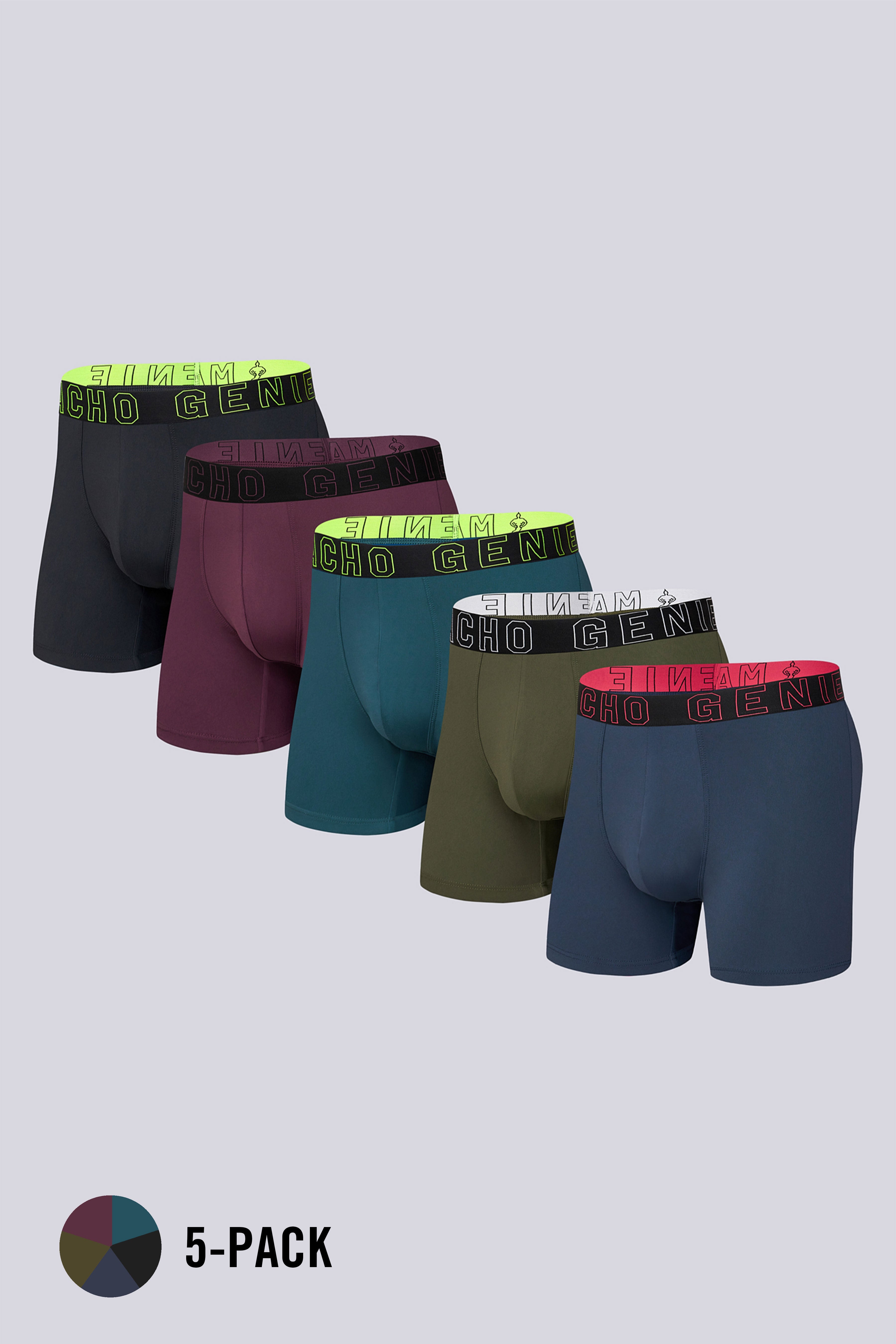 Macho Genie Evercore Performance Compression Boxer Trunks 5-Pack in five colors, featuring moisture-wicking performance fabric and a flexible stretch waistband