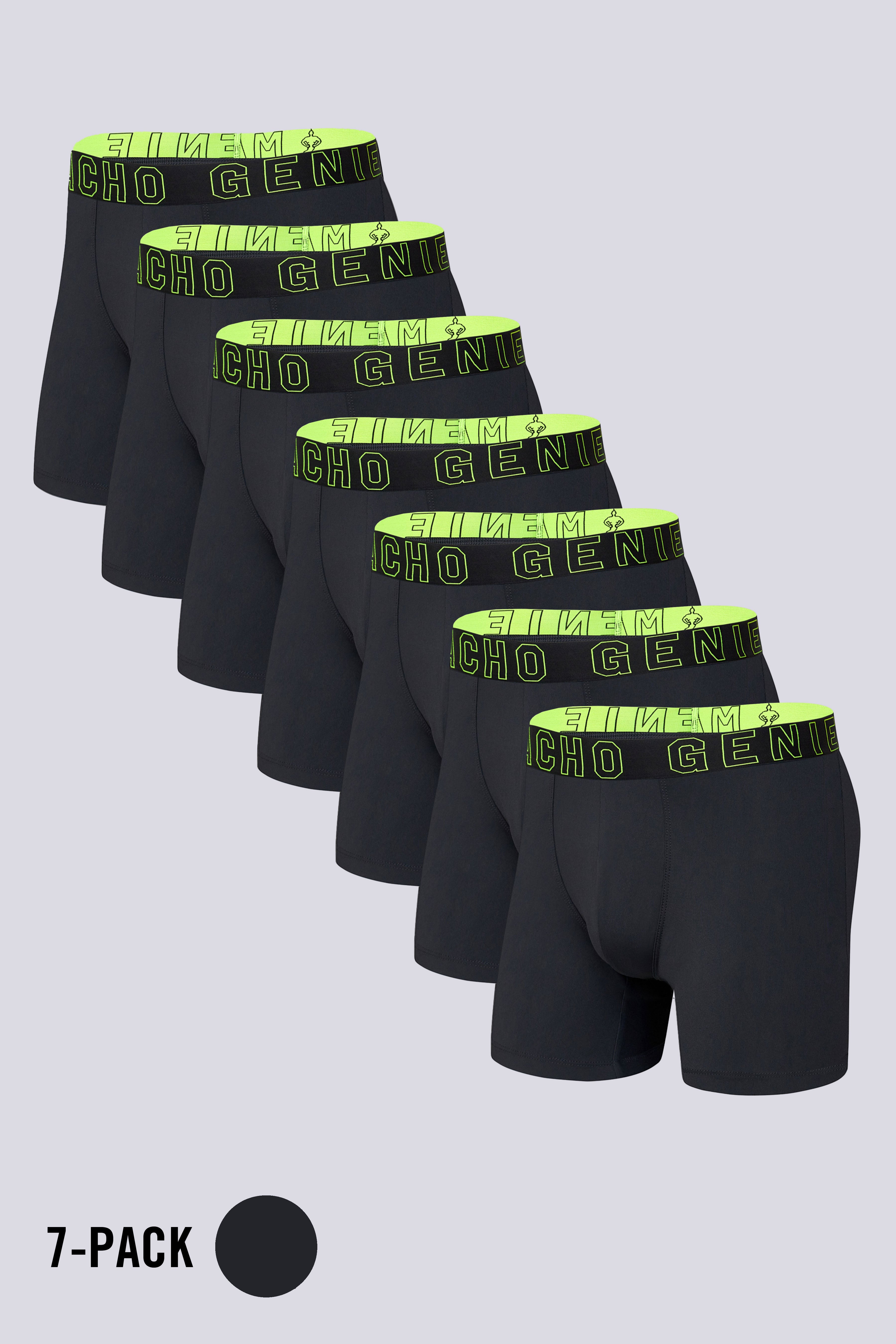 Macho Genie Evercore Performance Compression black Trunks 7-Pack arranged in a layered product display, showcasing the multi-pack collection