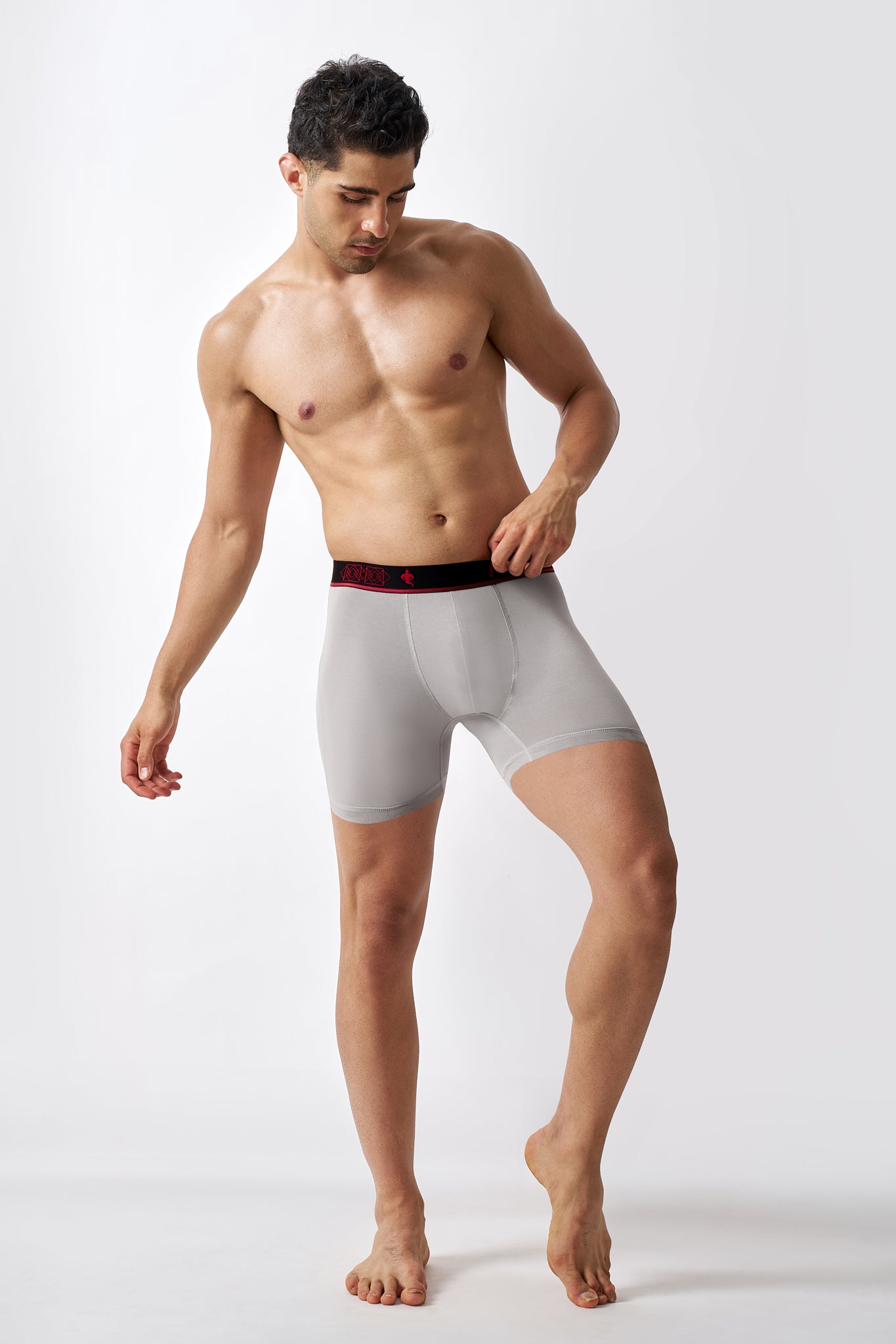 Macho Genie Men's Grey Bamboo Aeroflex boxer briefs styled for comfortable everyday wear with extended leg coverage