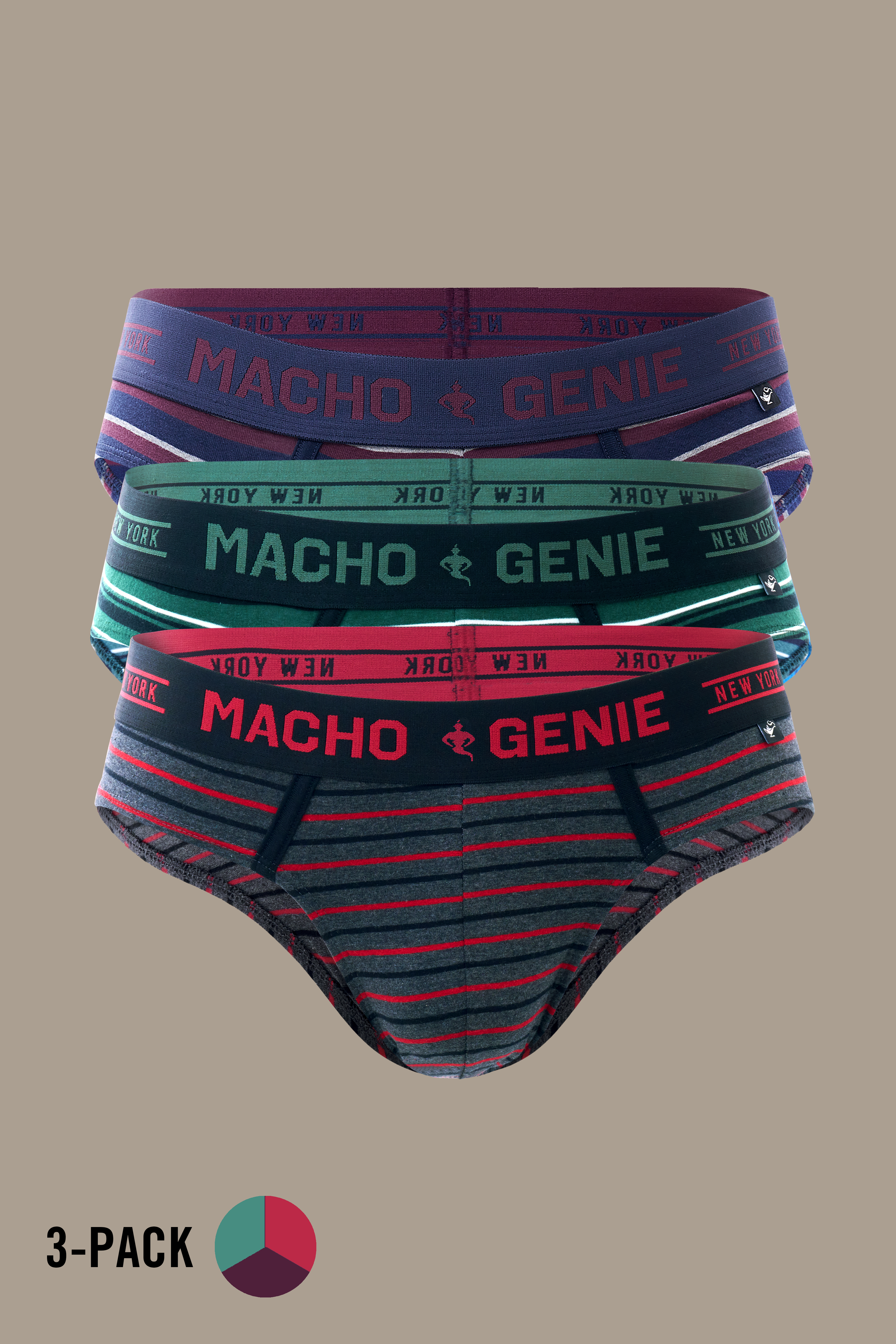 Macho Genie Luxe Stripe men's black striped cotton brief shown from the back, highlighting the horizontal stripe design, rear coverage, streamlined leg openings and understated waistband detailing