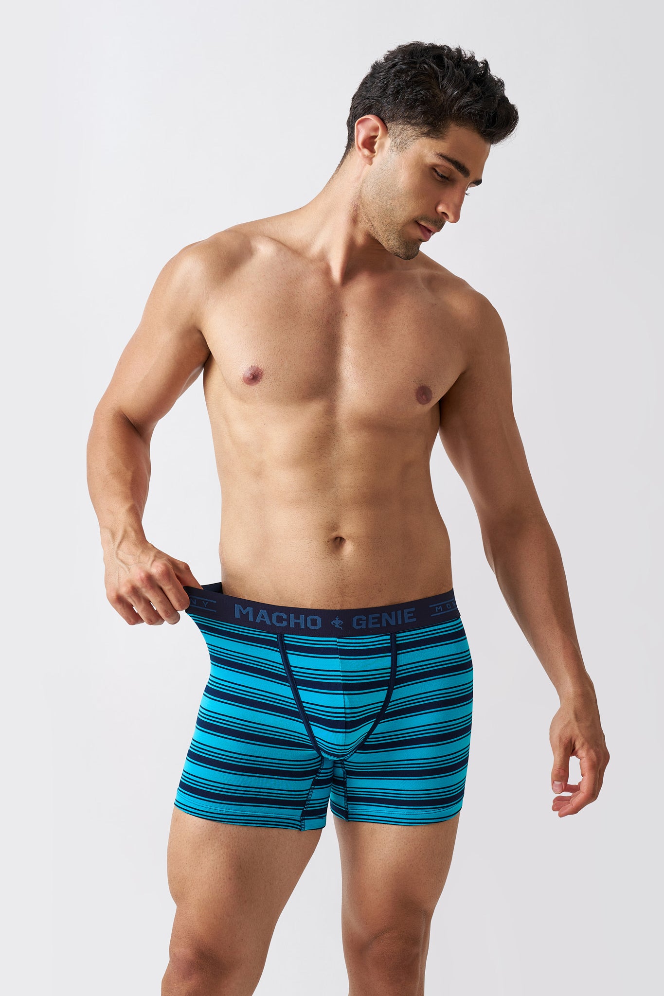 Macho Genie men's Luxe Stripe blue striped boxer brief underwear with cotton Spandex stretch fabric and flexible comfortable fit