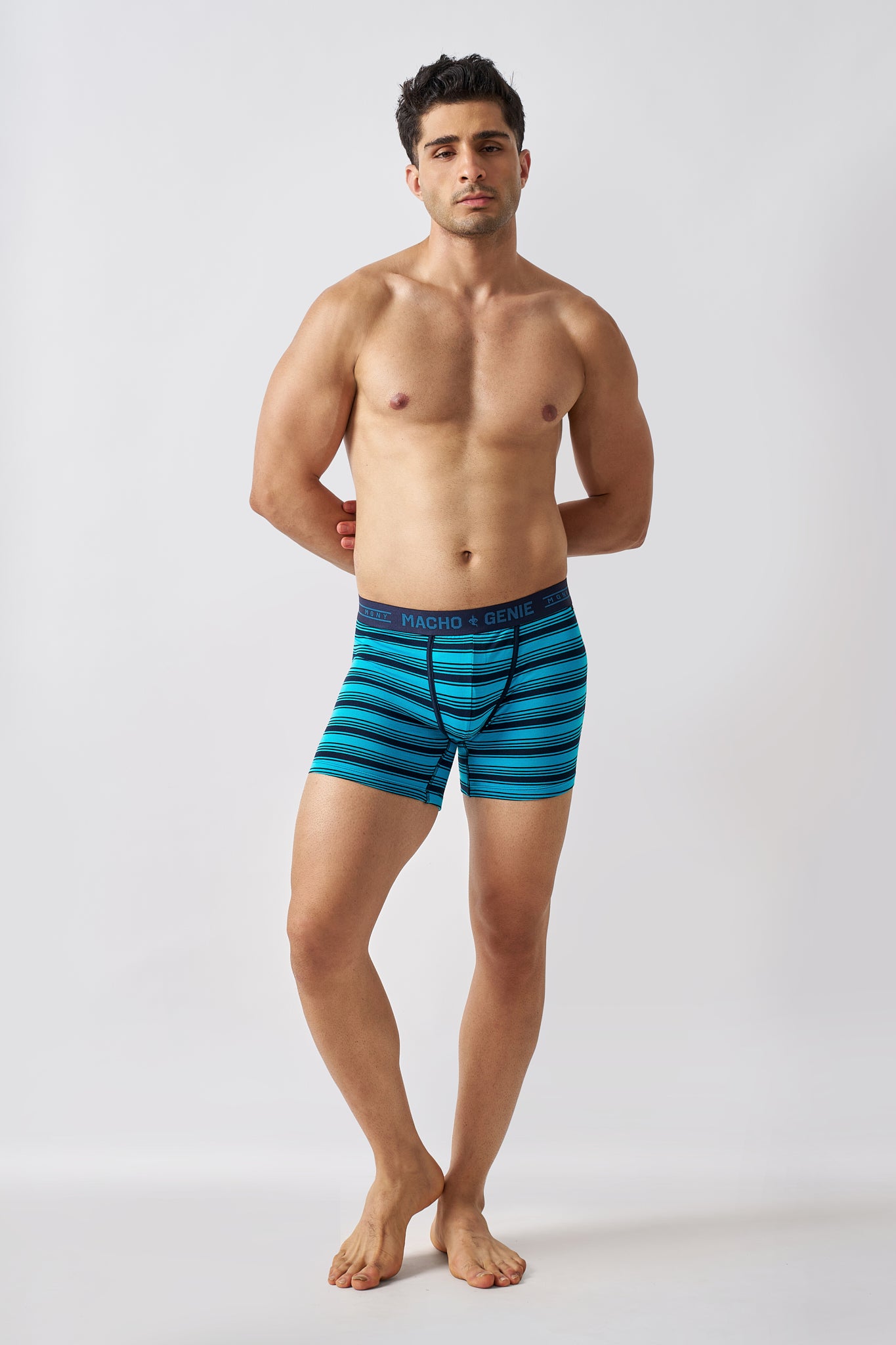 Macho Genie men's Luxe Stripe blue striped boxer briefs in premium cotton men's underwear, full front view with comfortable fit