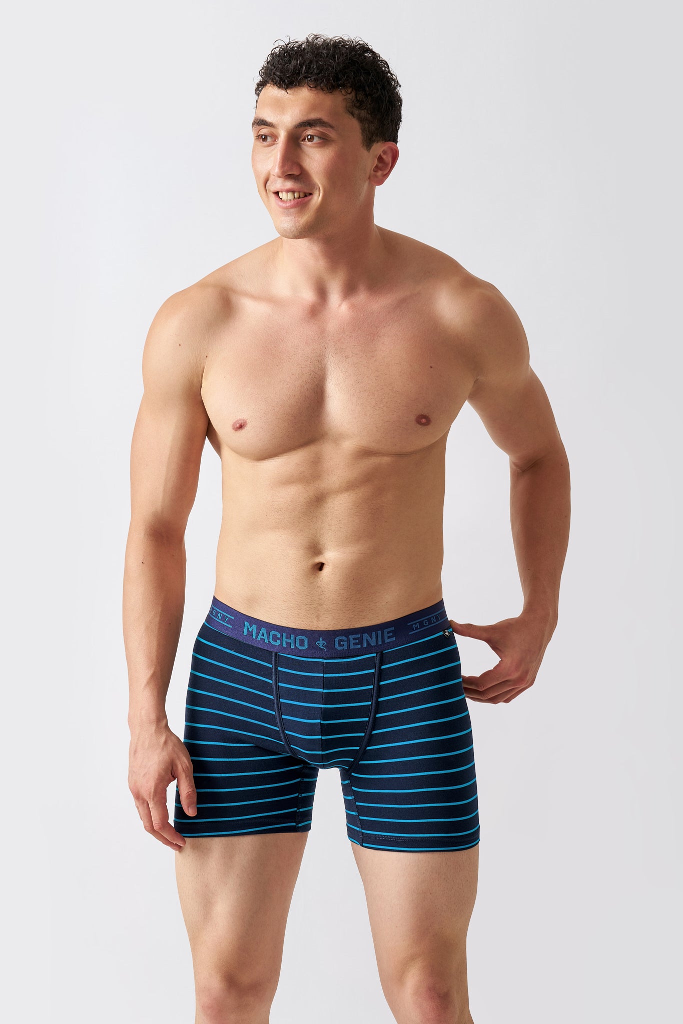Macho Genie Luxe Stripe men's blue striped boxer briefs in premium cotton stretch fabric with a branded elastic waistband