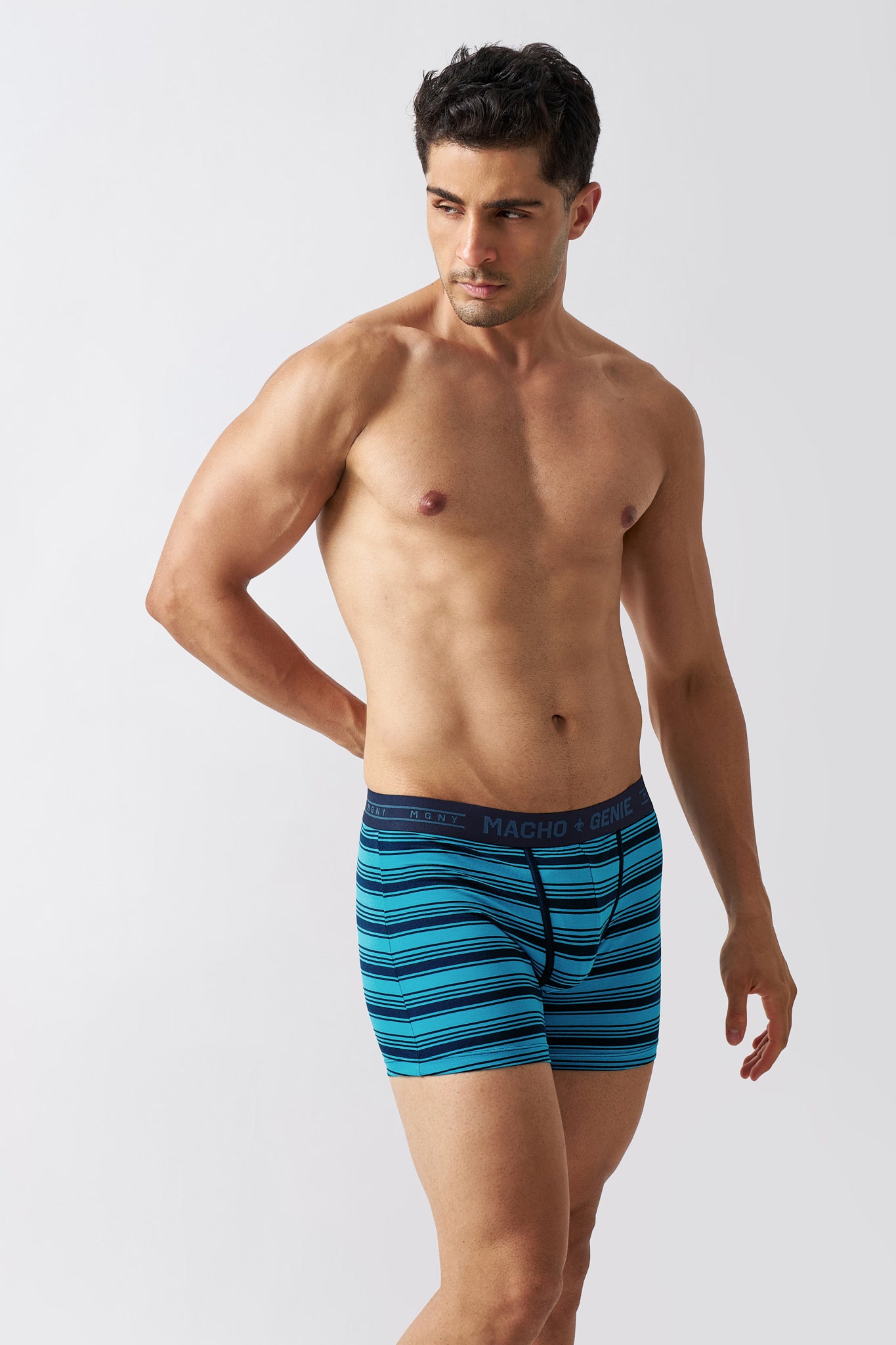 Macho Genie men's Luxe Stripe blue striped premium cotton boxer briefs with soft breathable stretch fabric for everyday wear