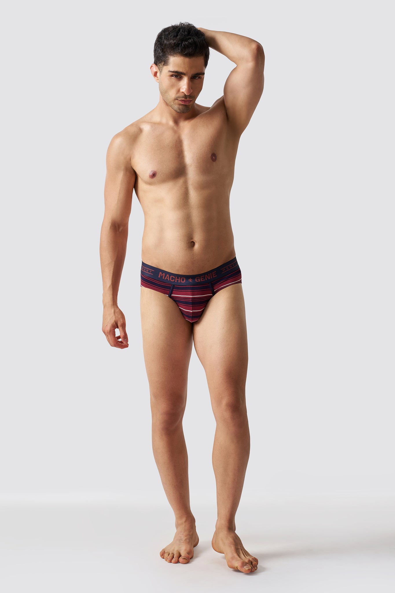 Macho Genie men's Luxe Stripe Brooklyn Red striped Y-shaped briefs in premium cotton stretch men's underwear, full-body front view with comfortable support and branded waistband