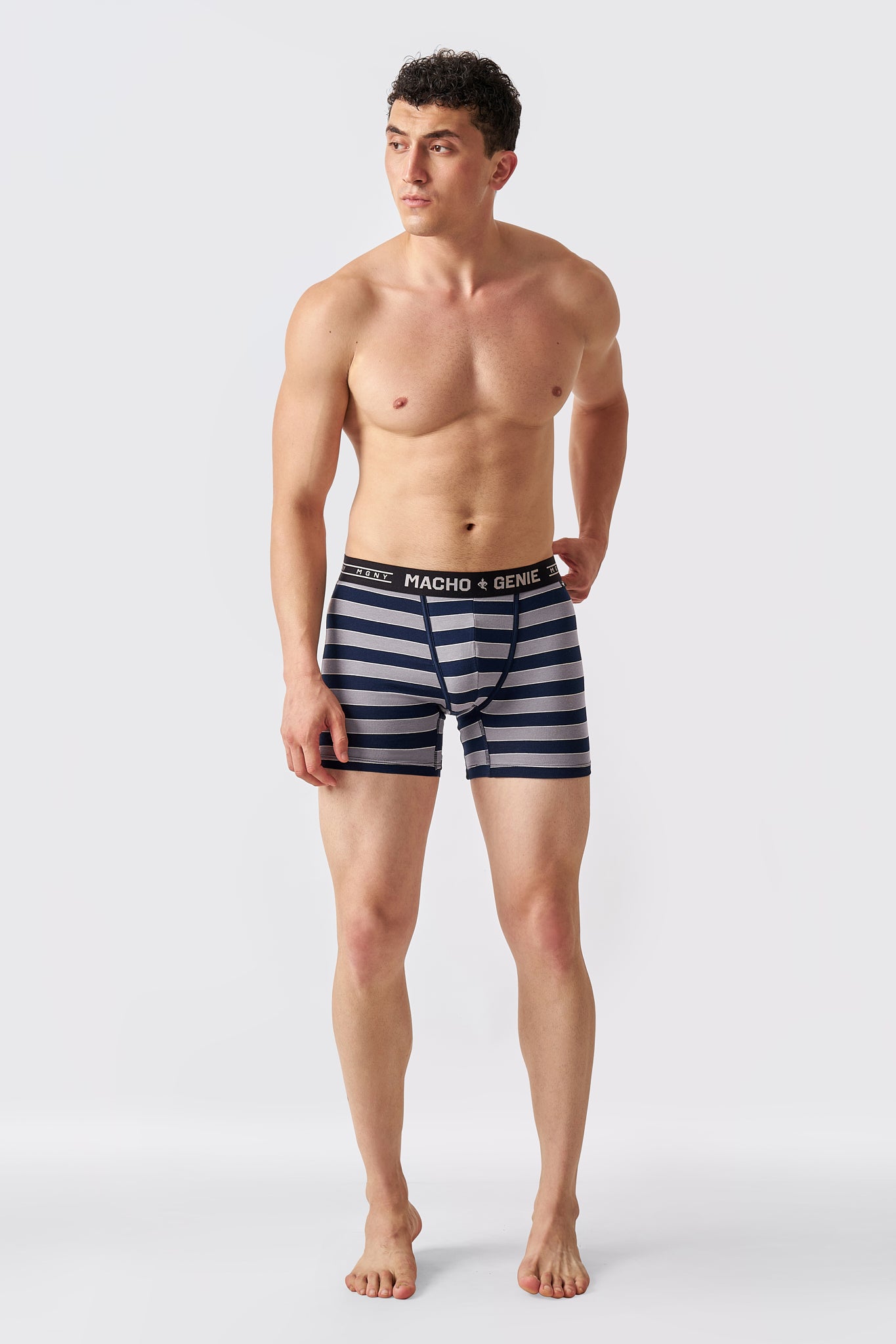 Macho Genie men's Luxe Stripe Mist Gray striped boxer briefs with cotton Spandex stretch fabric, full body front view, everyday men's underwear comfort