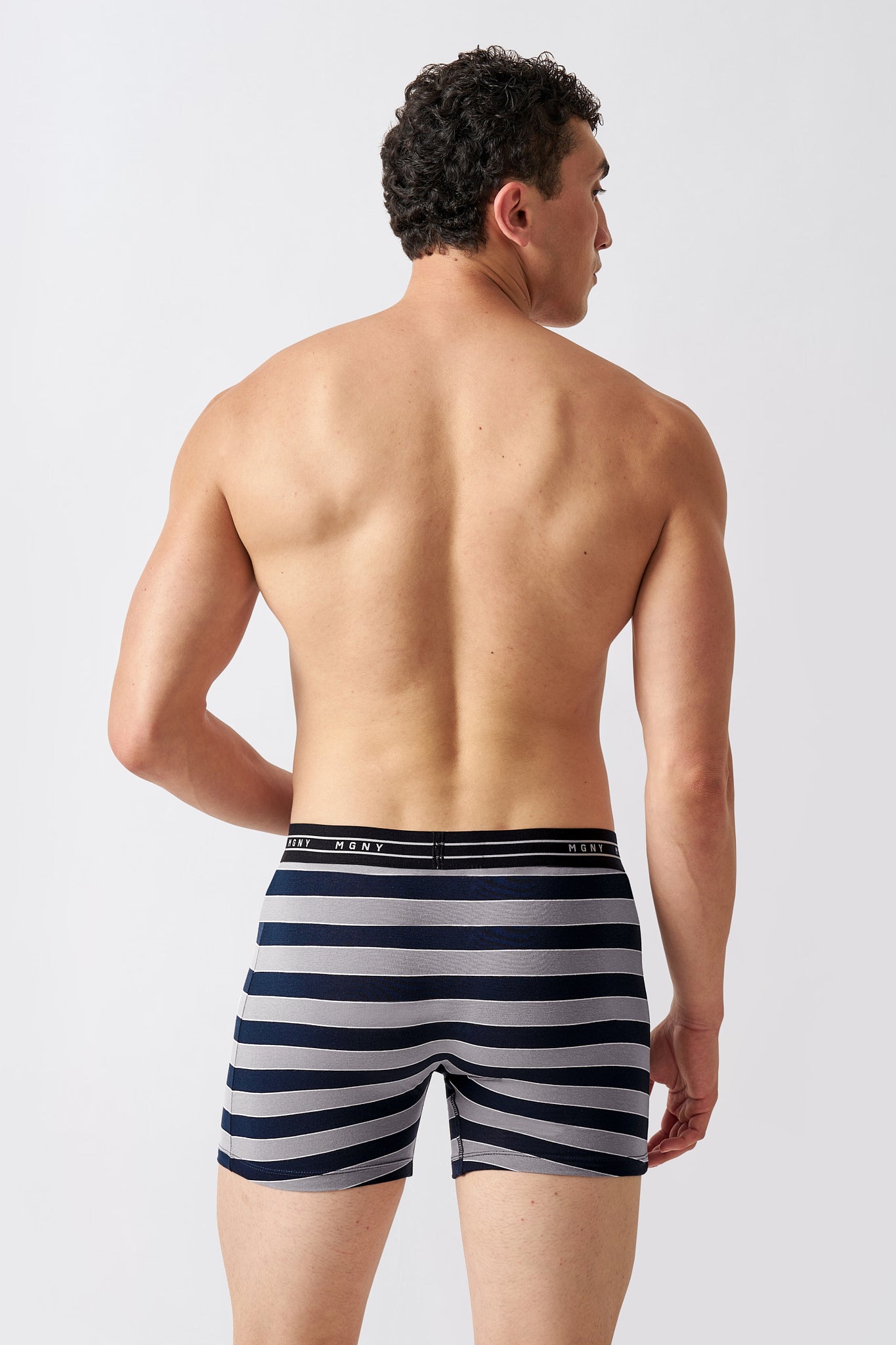 Macho Genie men's Luxe Stripe Mist Gray striped boxer briefs in premium cotton men's underwear, back view showing striped pattern and stretch fit