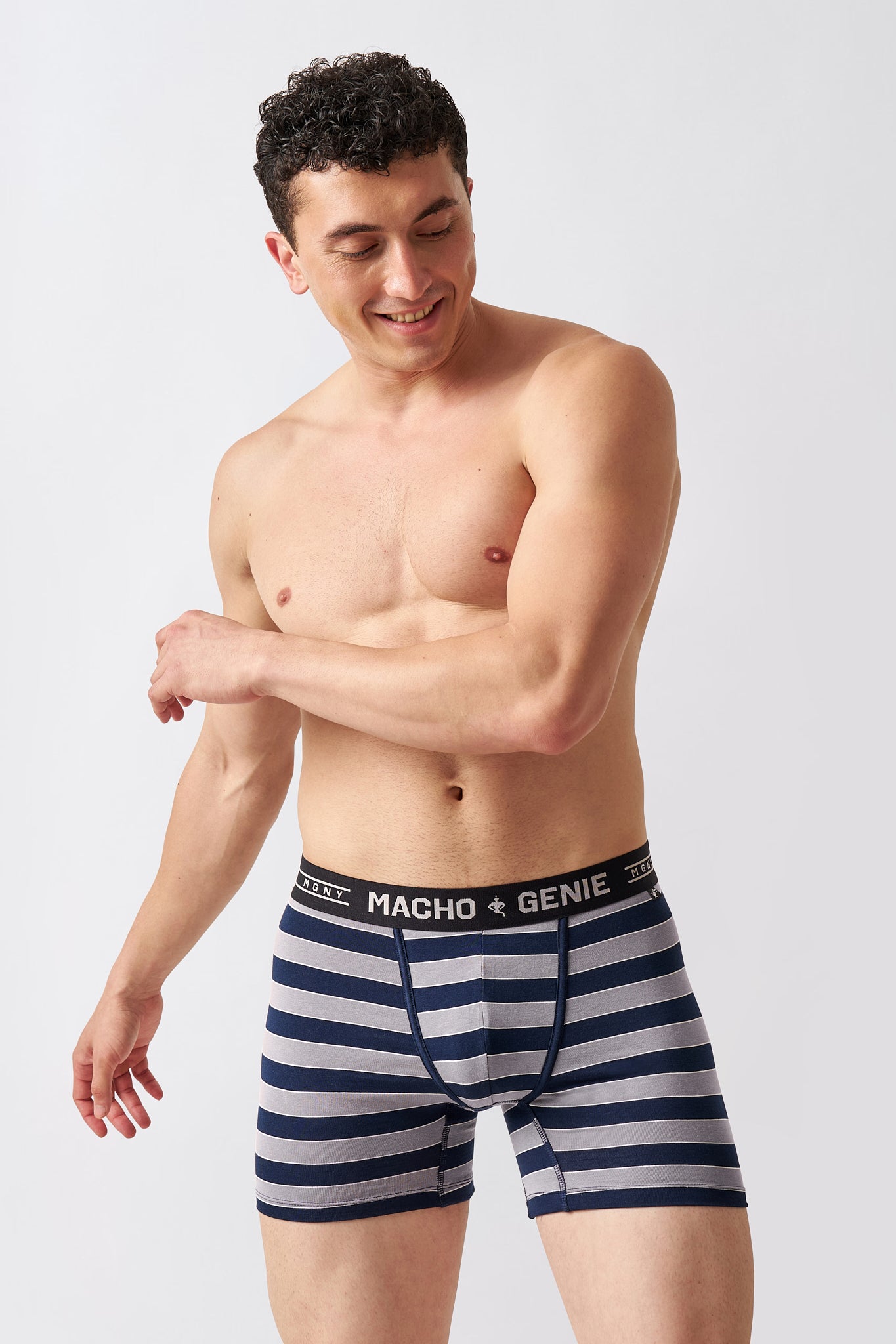 Macho Genie men's Luxe Stripe Mist Gray striped boxer briefs in premium cotton stretch underwear, front view with branded waistband and extended coverage