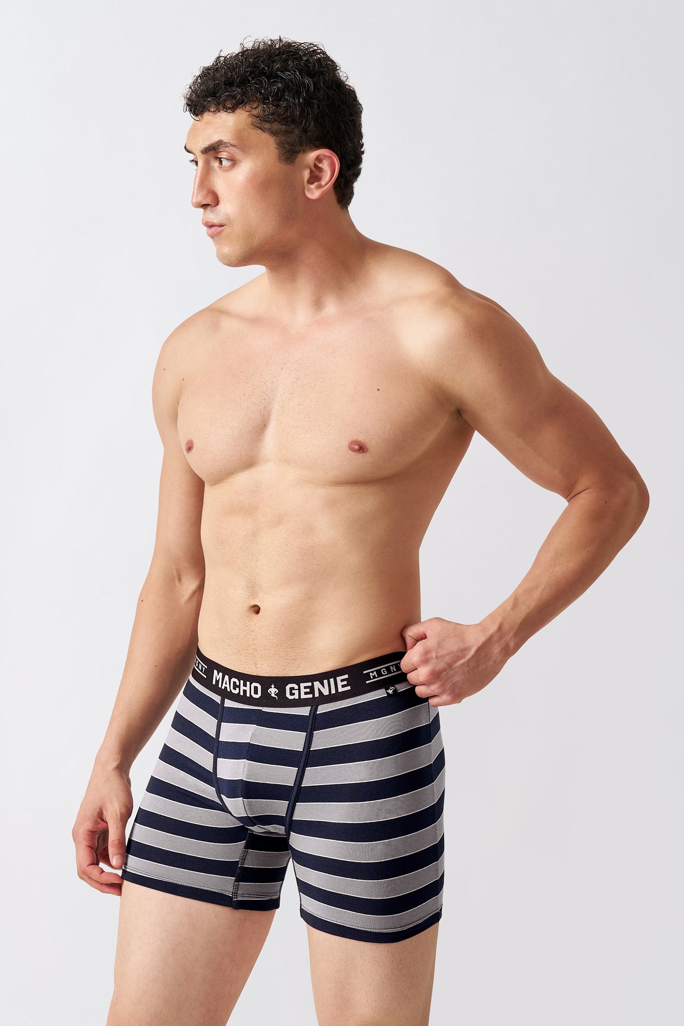 Macho Genie men's Luxe Stripe Mist Gray striped boxer briefs in premium cotton men's underwear, angled front view with stretch waistband and comfortable fit