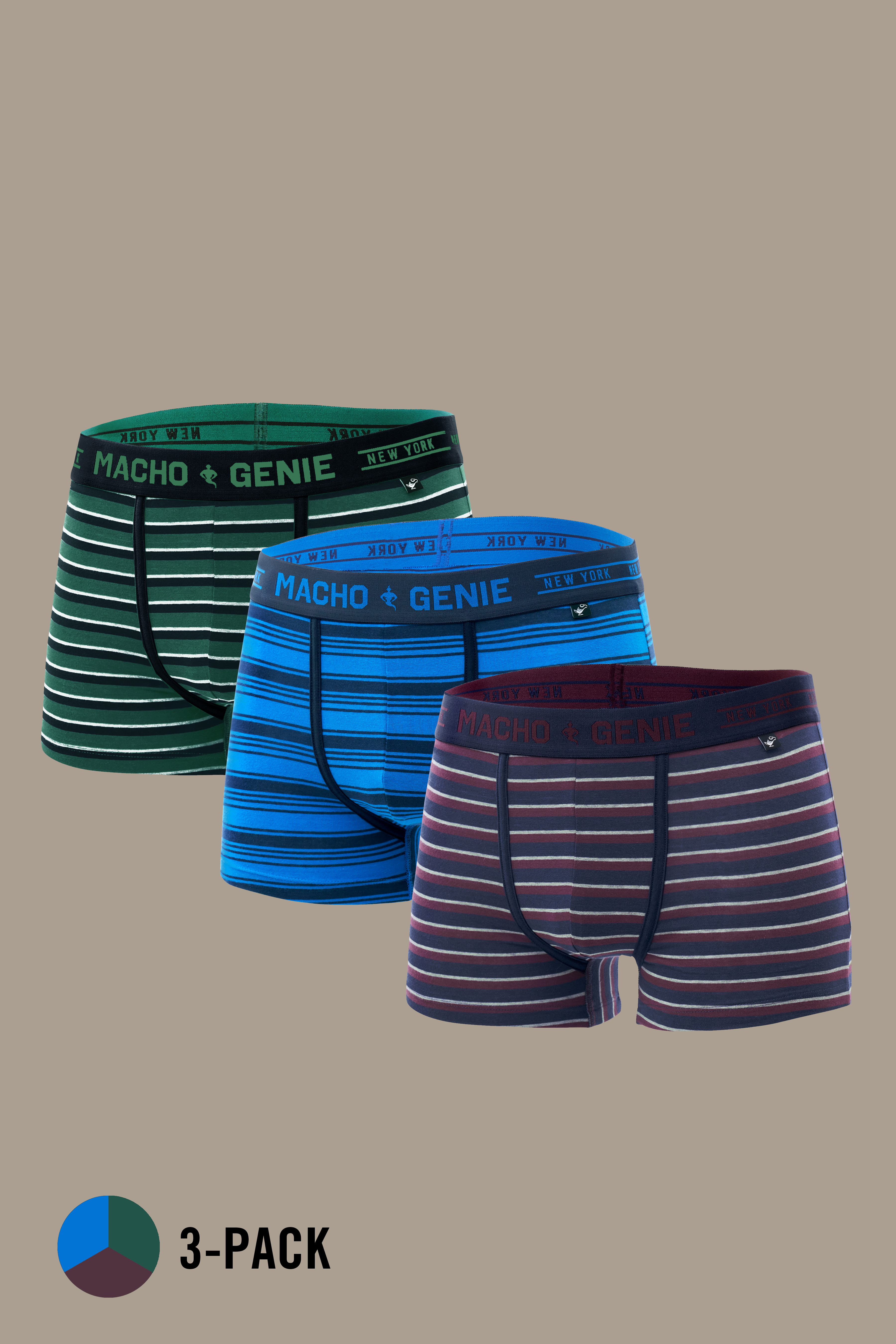 Macho Genie Luxe Stripe men's 3-pack of premium cotton striped trunks in maroon, blue and green with a classic boxer-style design and everyday wear fit