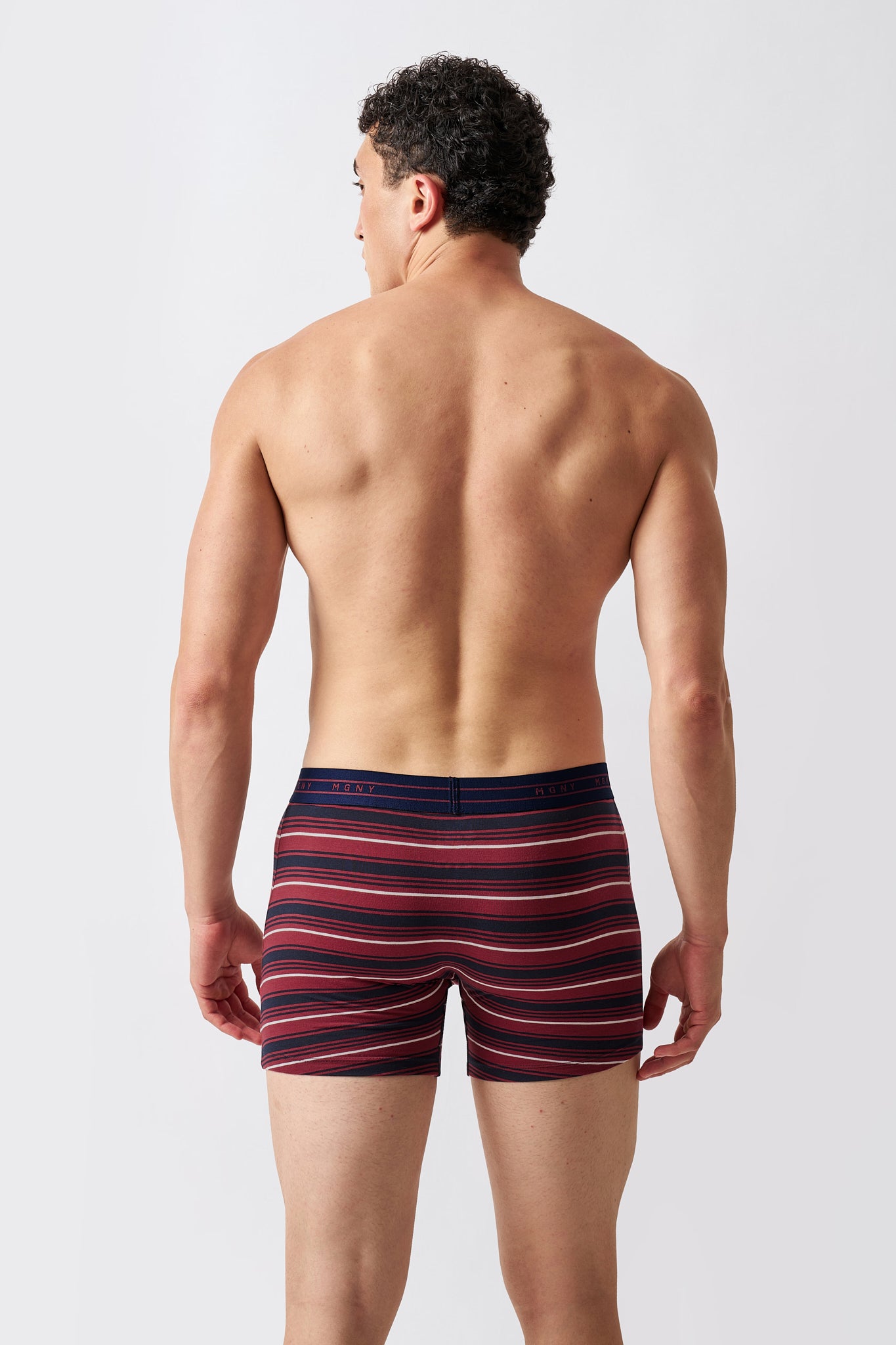 Macho Genie men's Luxe Stripe red striped boxer briefs in premium cotton men's underwear with horizontal stripe pattern, back view