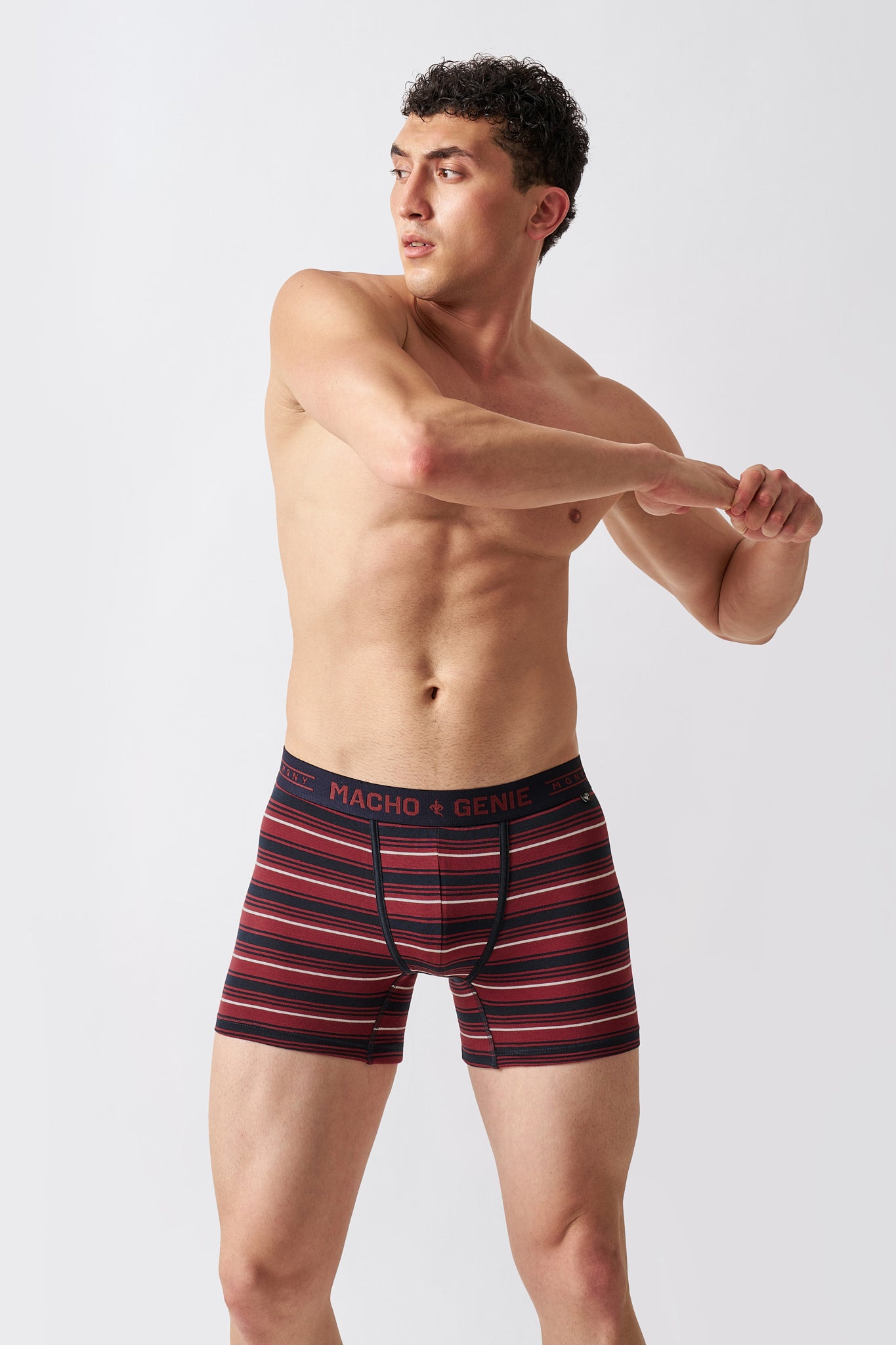 Macho Genie men's Luxe Stripe red striped boxer briefs with stretch cotton fabric, everyday comfort and full front action view