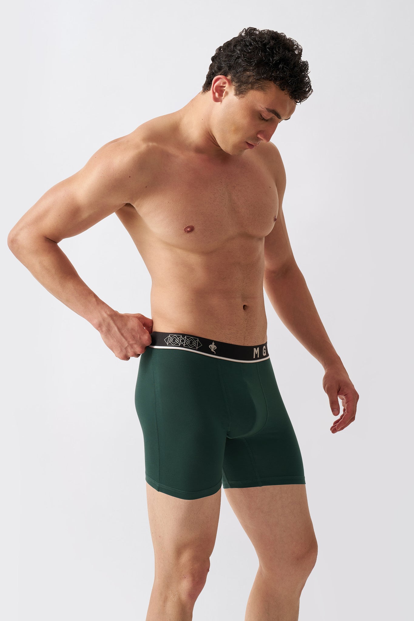 Macho Genie Men's bamboo boxer briefs featuring a flat stretch waistband designed to stay comfortably in place without digging in