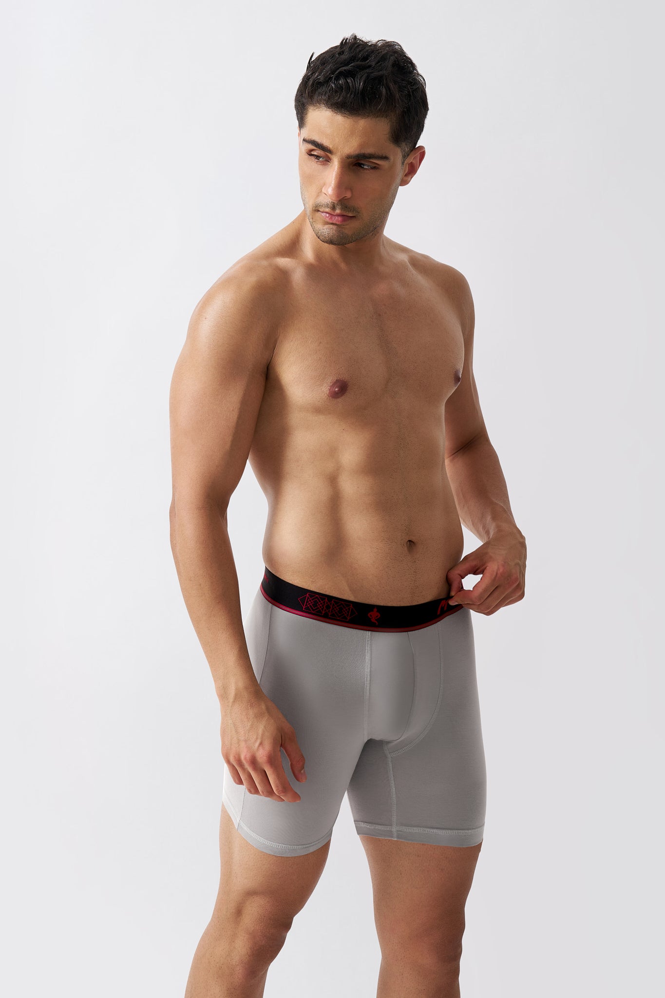 Macho Genie Men's Gray bamboo boxer briefs featuring a contoured front pouch and flat stretch waistband