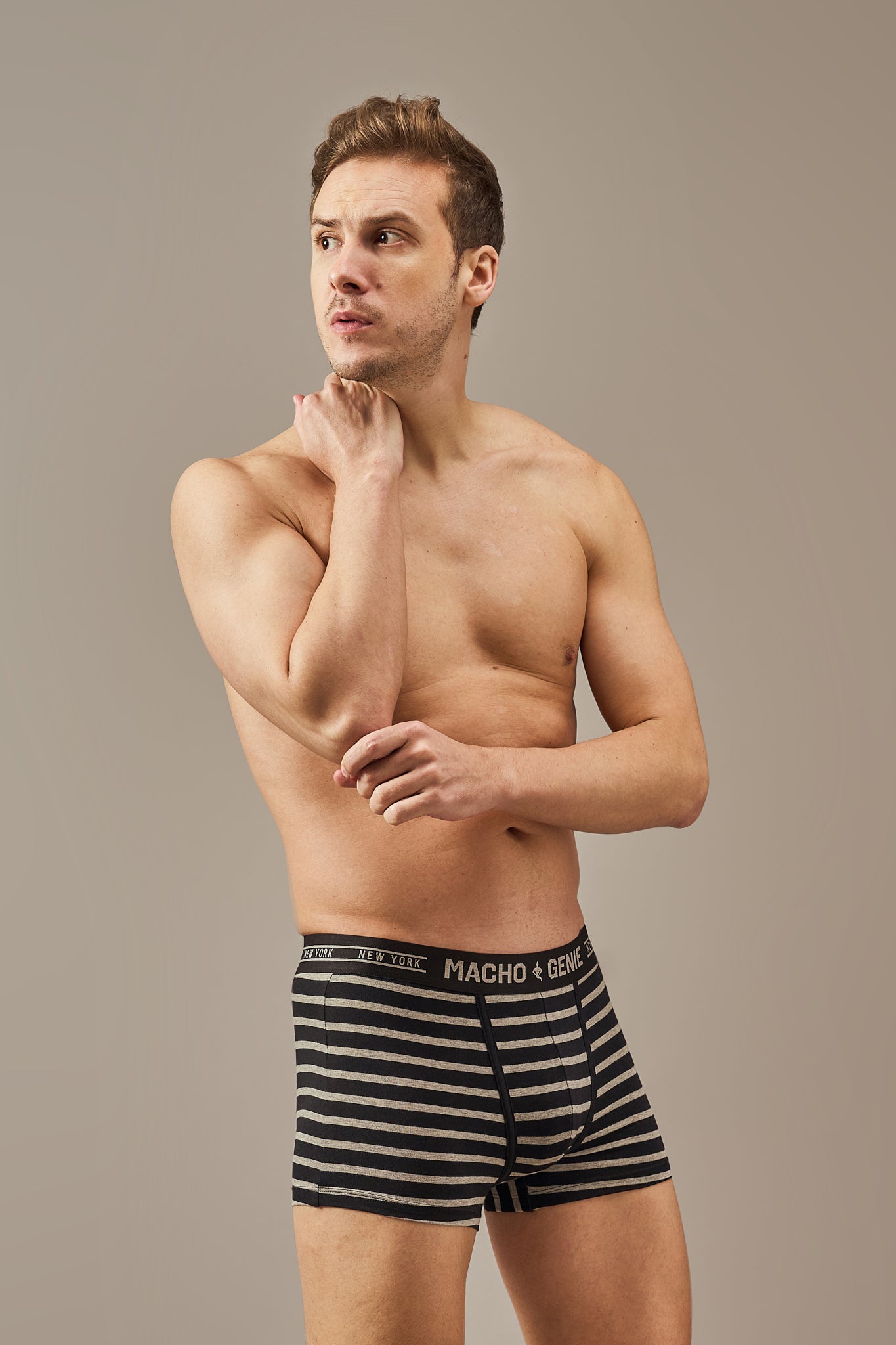 Men's black striped trunks in premium cotton with a supportive pouch and 3-inch inseam