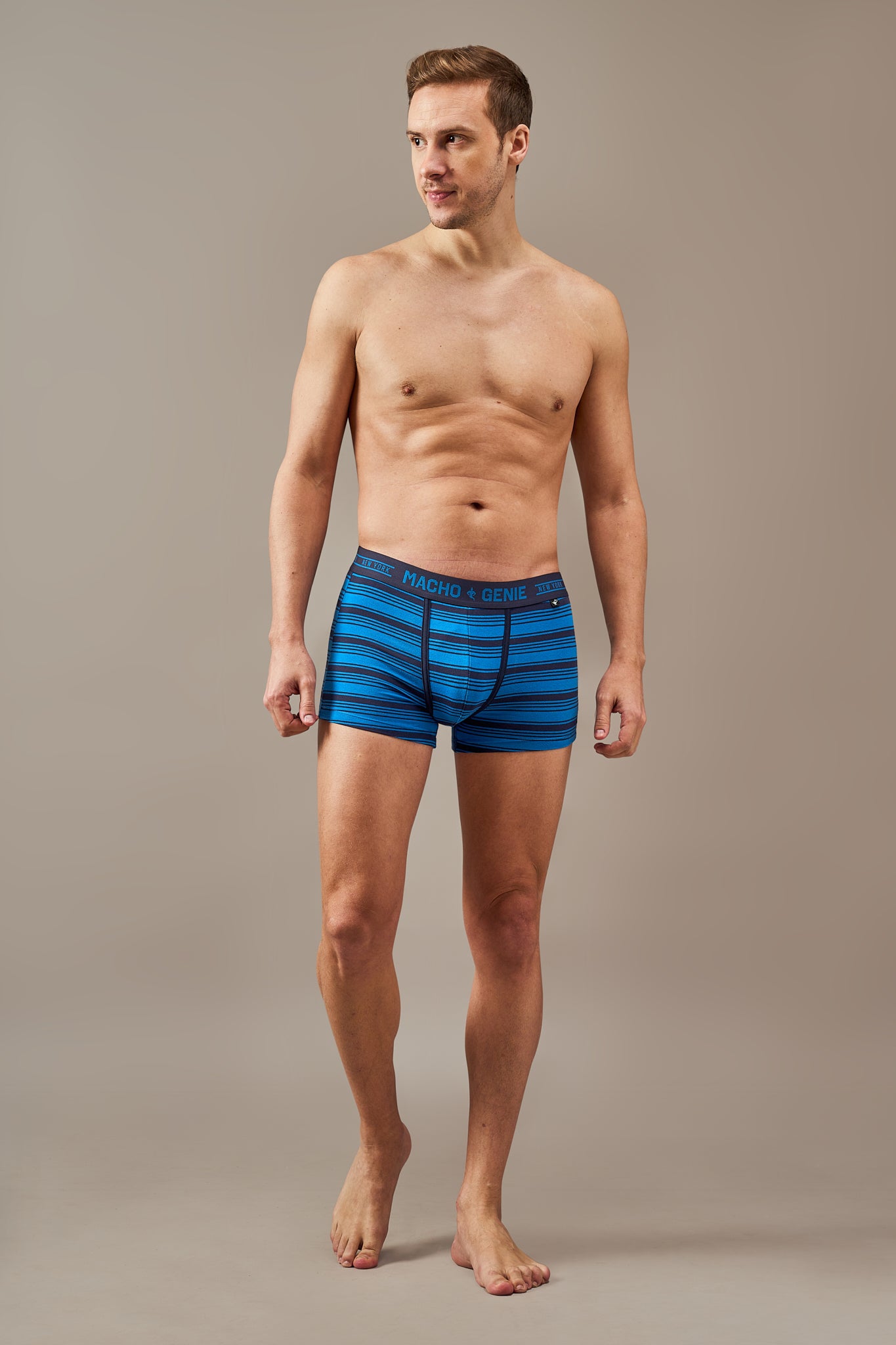 Men's blue and black striped cotton trunks with a 3-inch inseam
