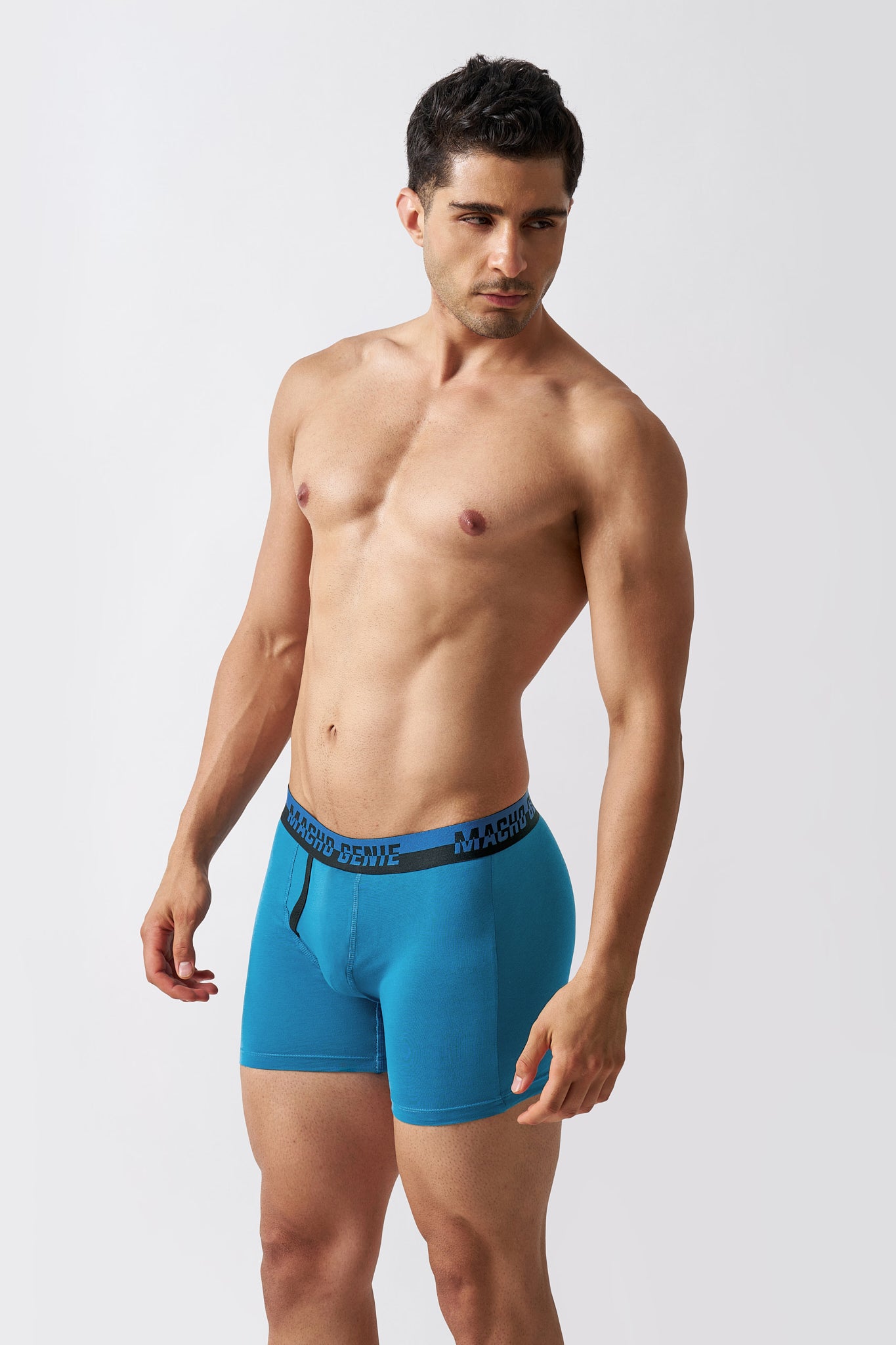 Macho Genie men's Arctic Blue cotton boxer briefs highlighting the functional front fly, structured pouch and comfortable elastic waistband