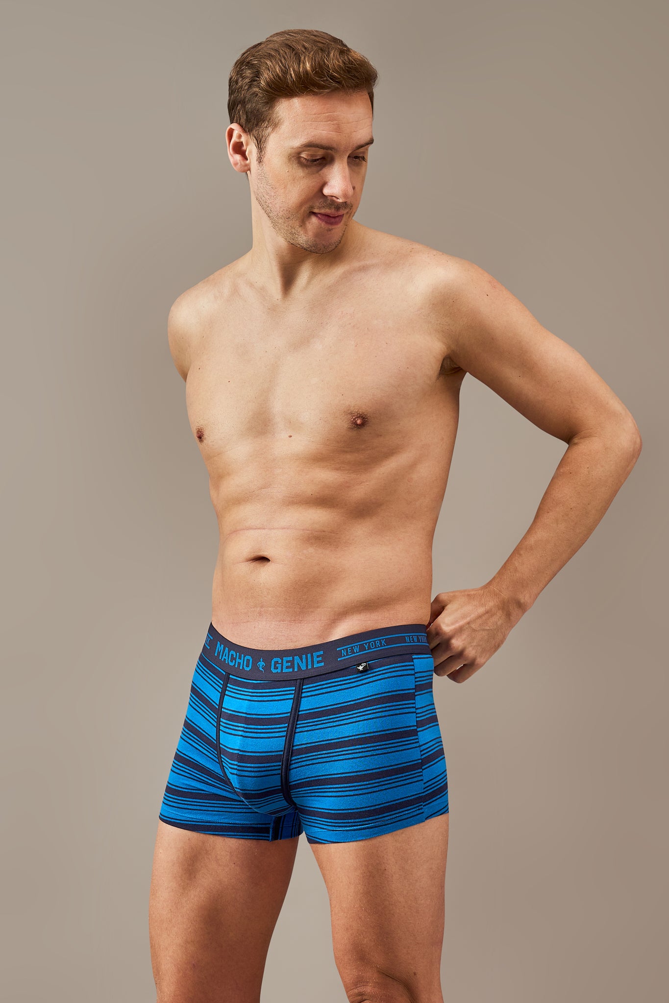 Men's blue striped trunks made from soft breathable cotton