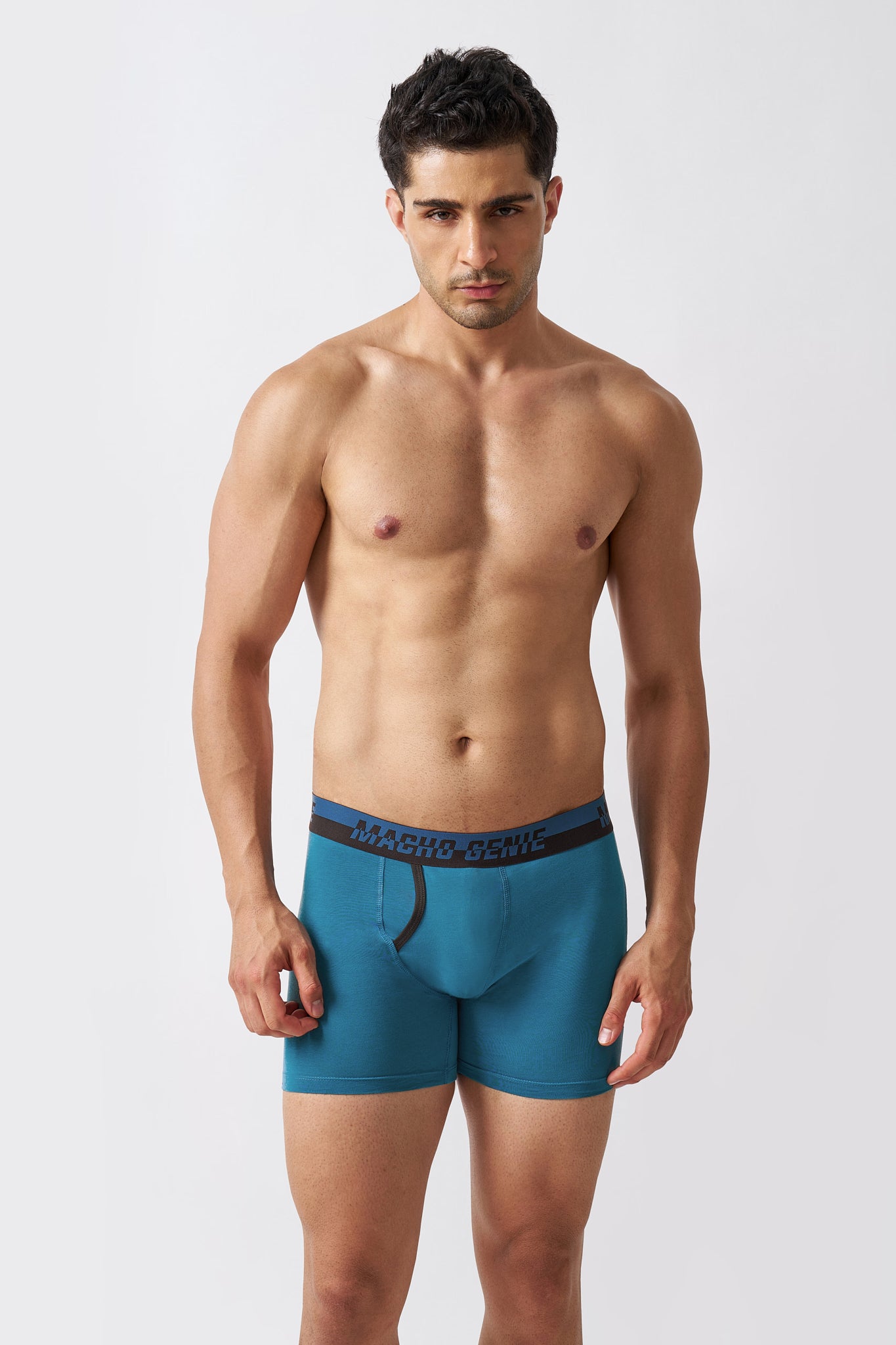 Macho Genie men's Arctic Blue Supima Blend cotton boxer briefs shown from the front with an extended inseam and supportive everyday fit